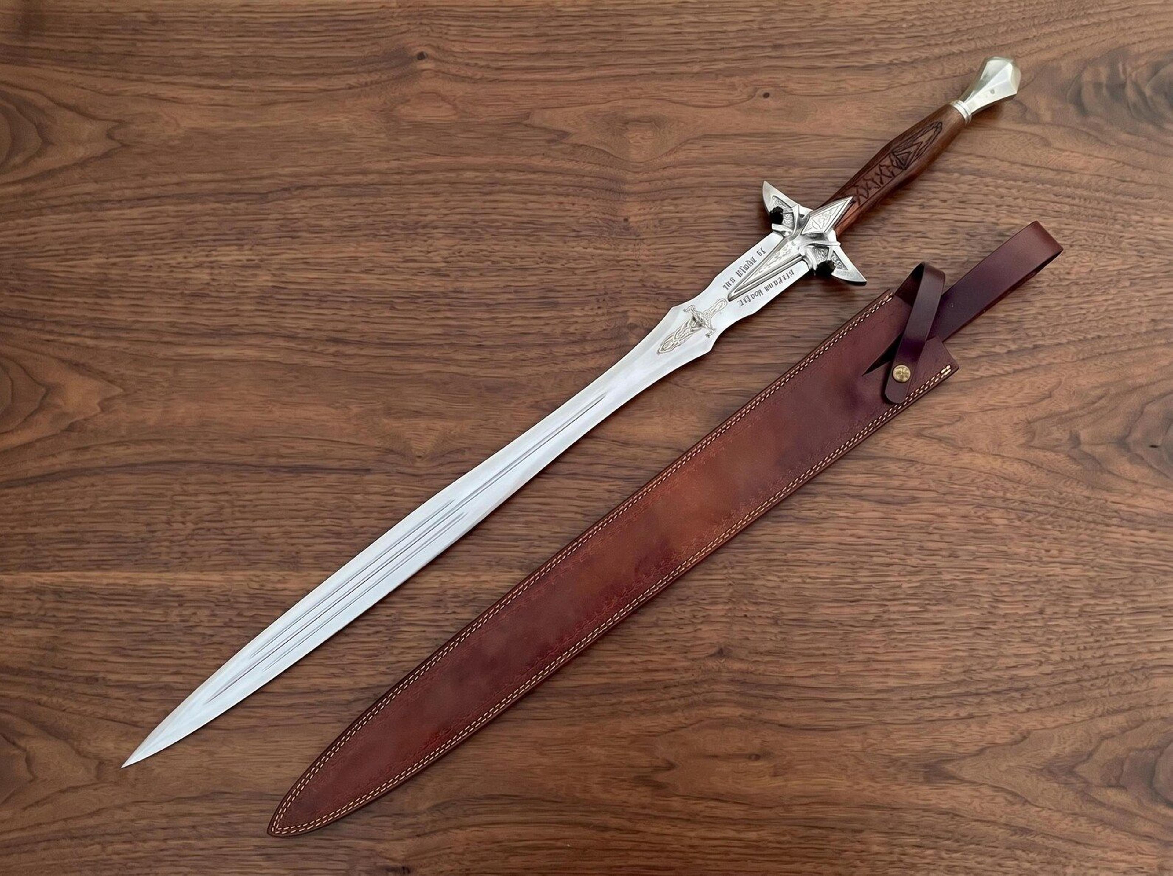 handmade medieval longsword with polished steel blade, carved wooden handle & leather sheath for collectors