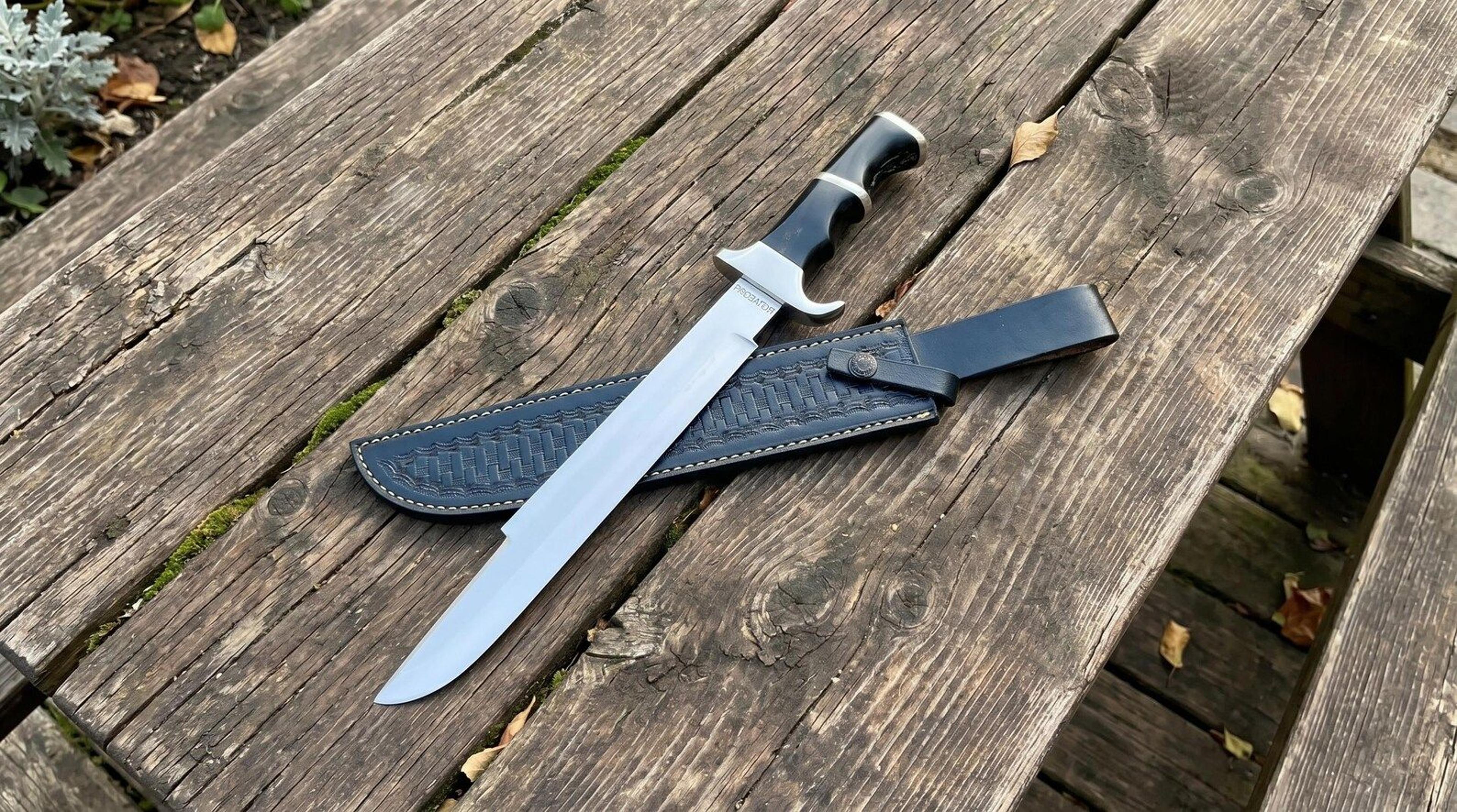 handmade predator bowie knife with polished steel blade, black handle & leather sheath for collectors