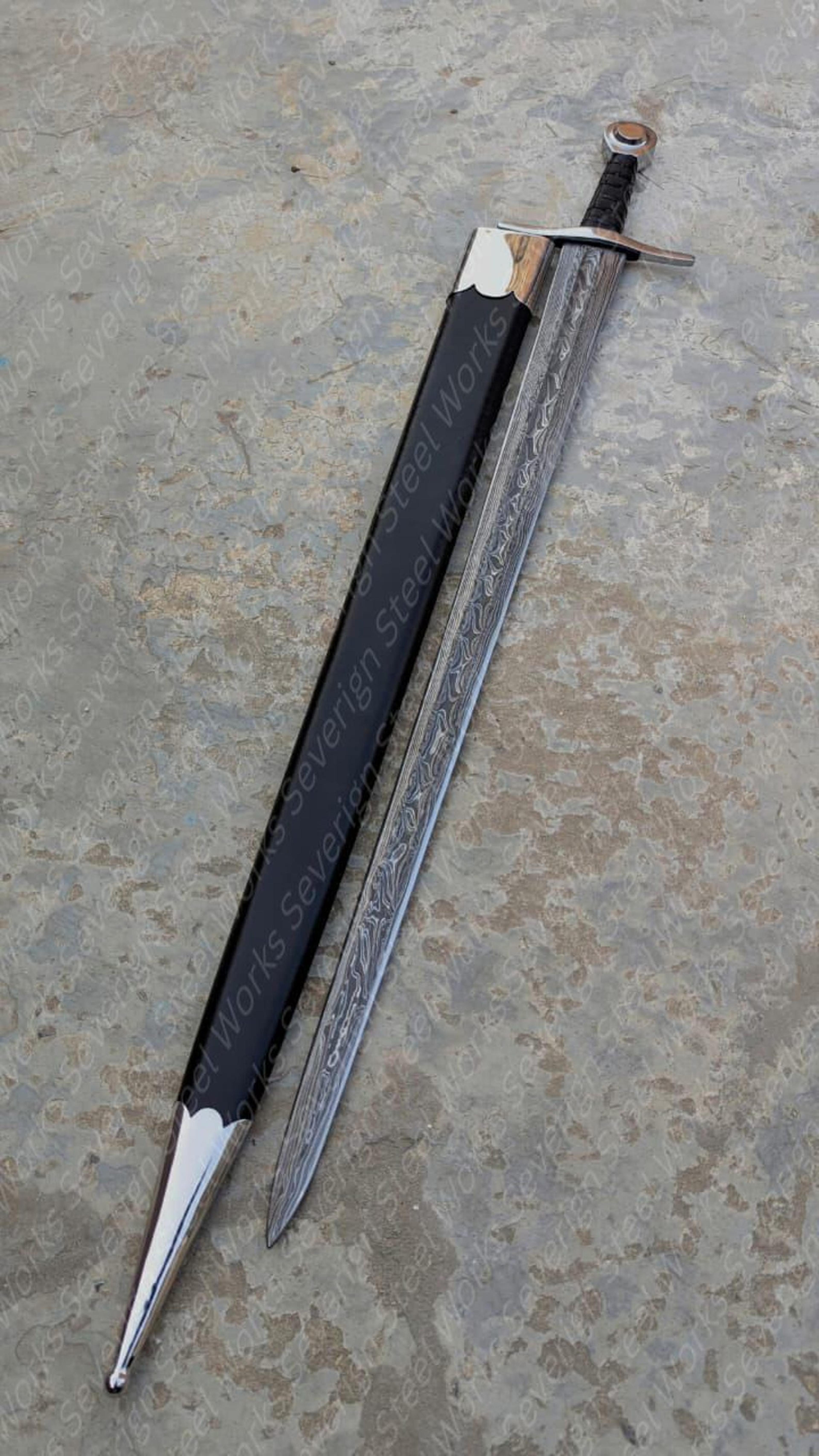 sir william marshal sword replica with swedish damascus steel blade, medieval knight hilt & scabbard