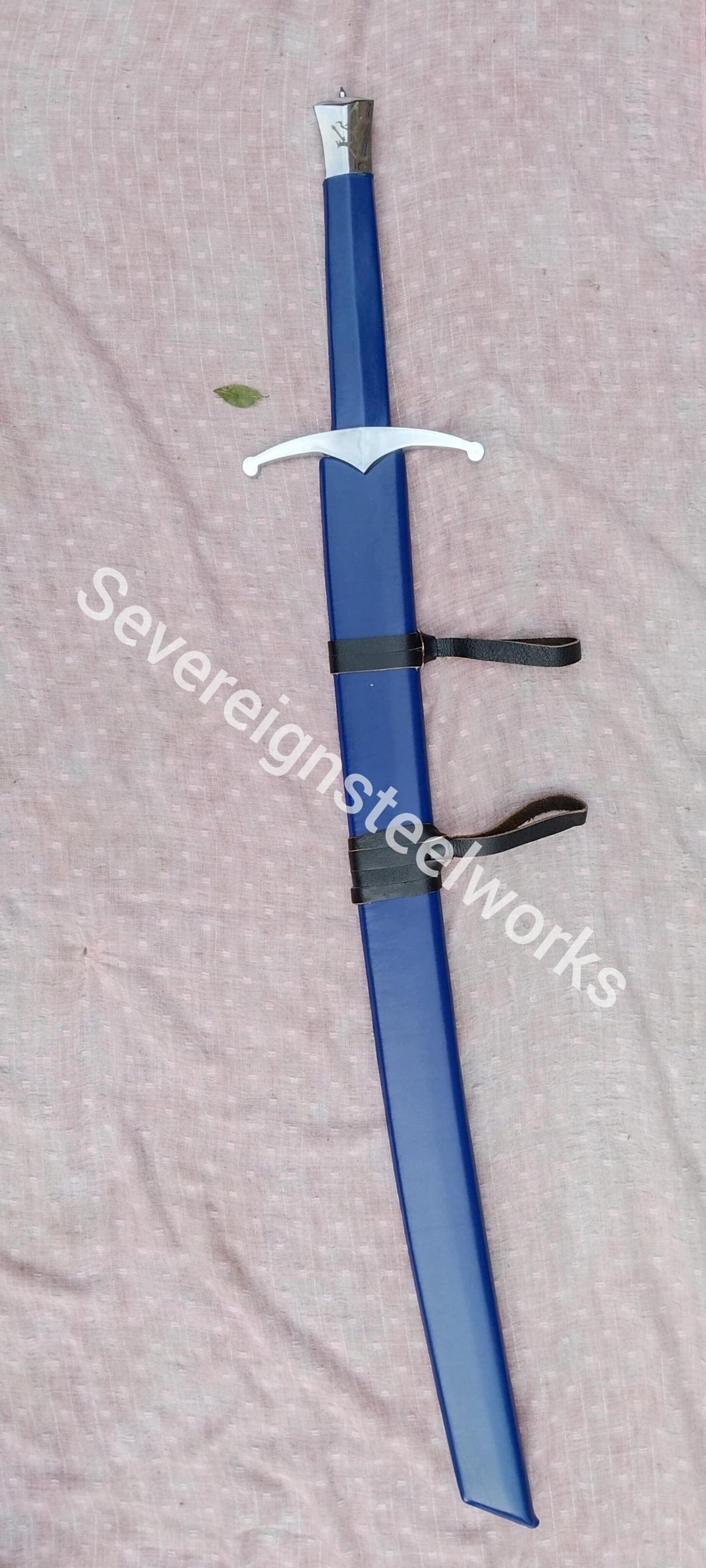 heron mark sword replica with high carbon steel blade, blue wrapped handle & matching scabbard for collectors