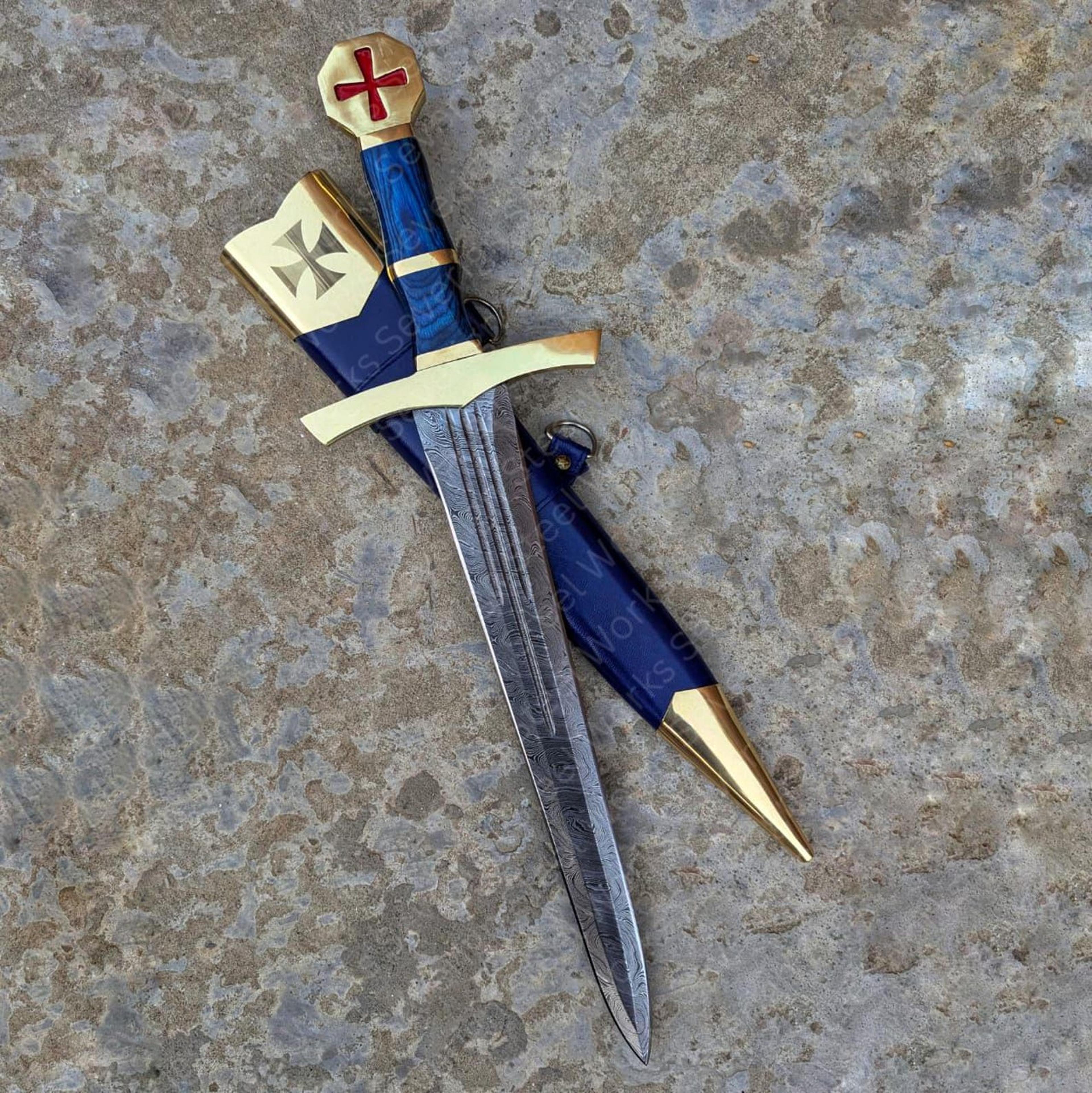 templar knight sword replica with 5160 steel blade, blue grip & medieval scabbard for collectors