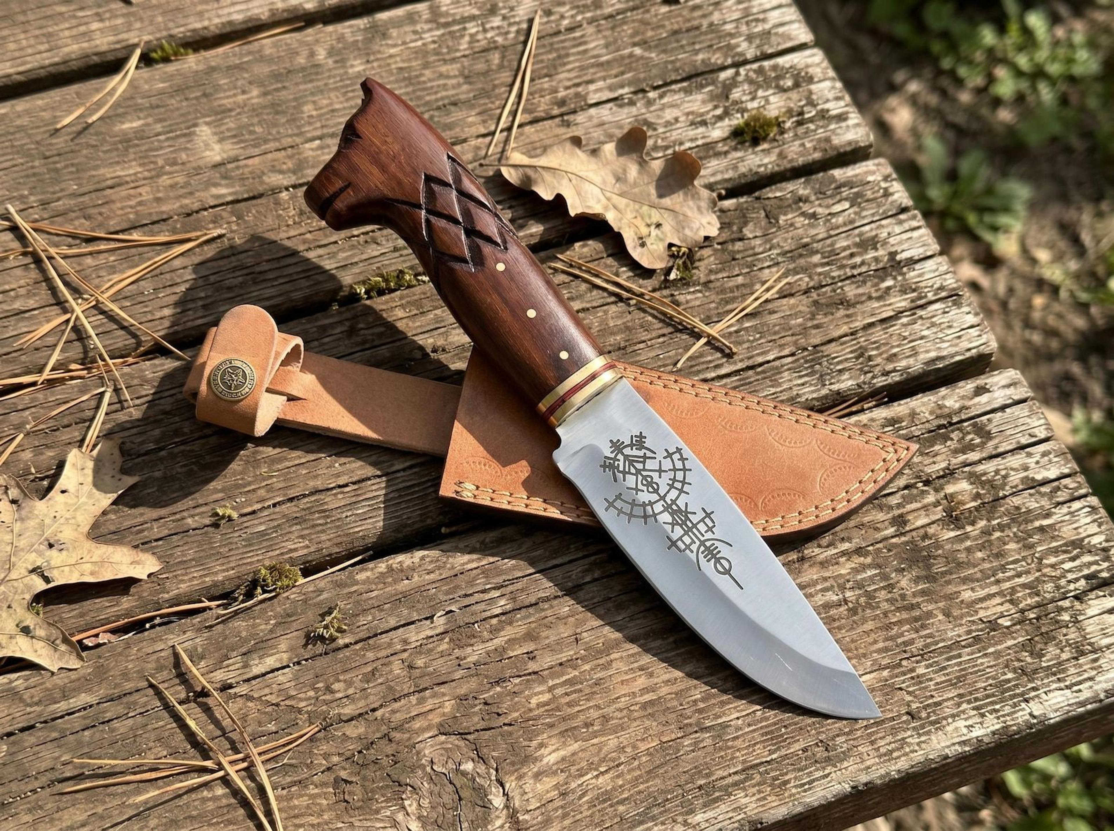 nordic horsehead bushcraft knife – engraved steel blade with hand-carved wood grip & leather sheath