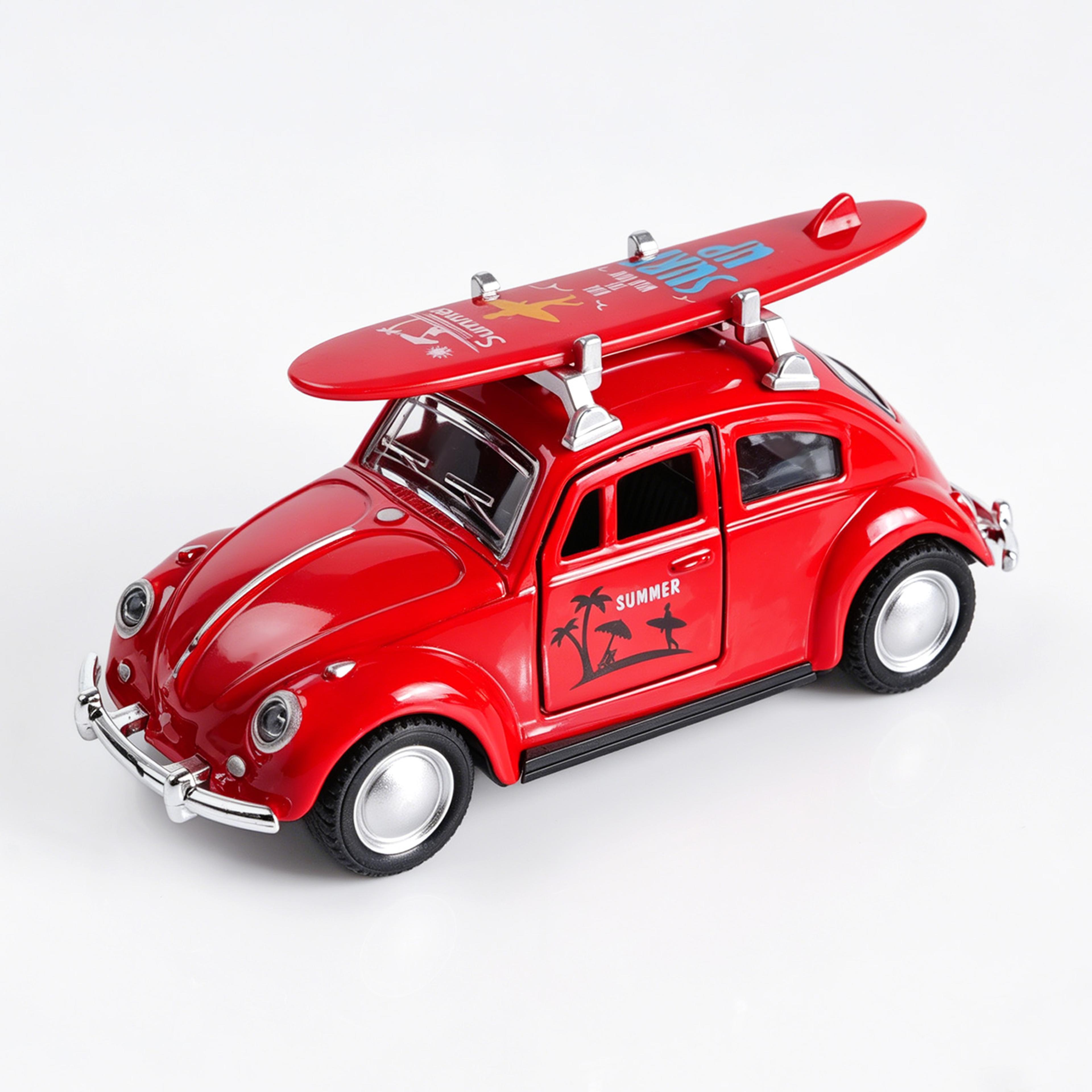 retro volkswagen beetle model pull back diecast car model with surfboard & opening doors