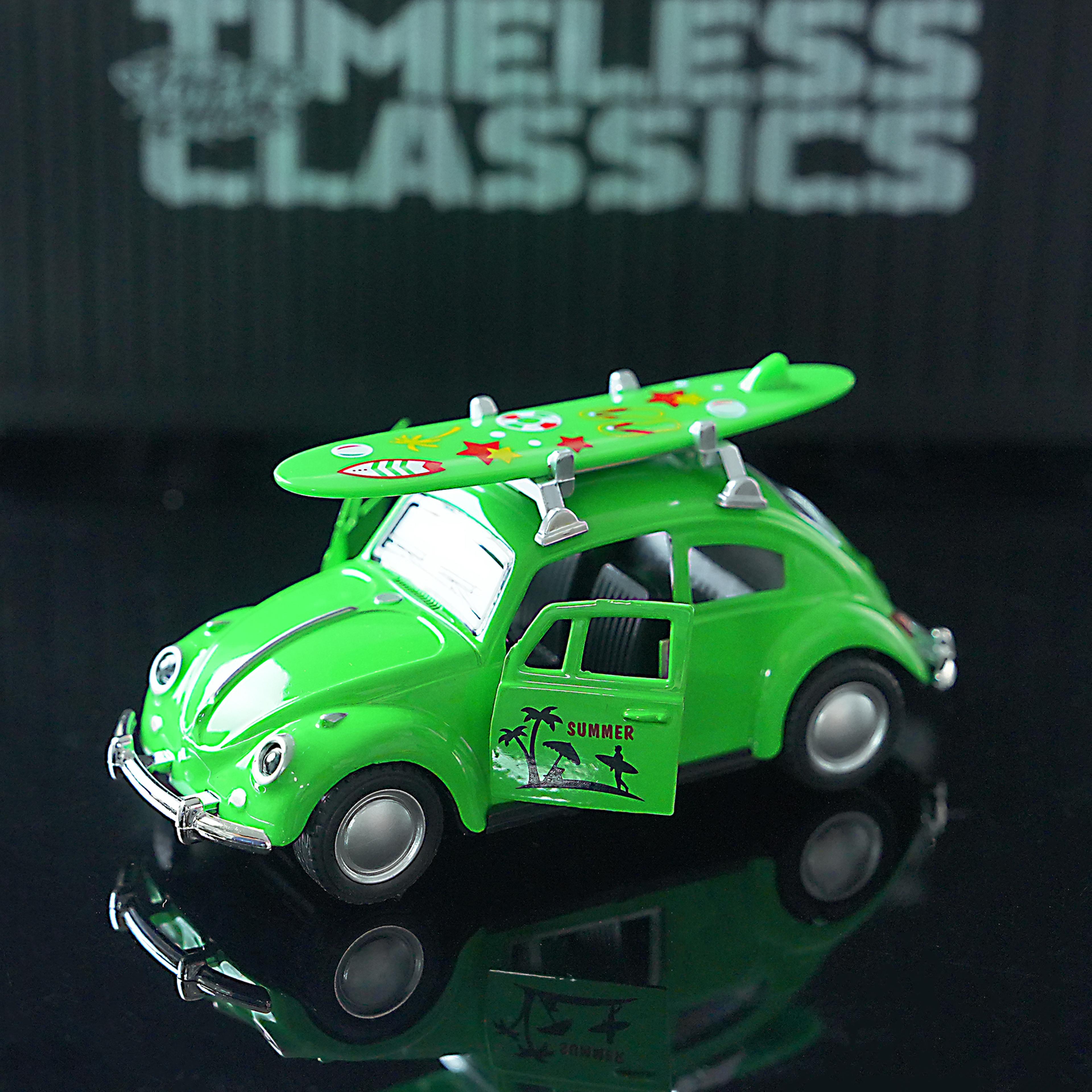 vintage diecast car model beetle with surfboard pull back collectible toy 1:32