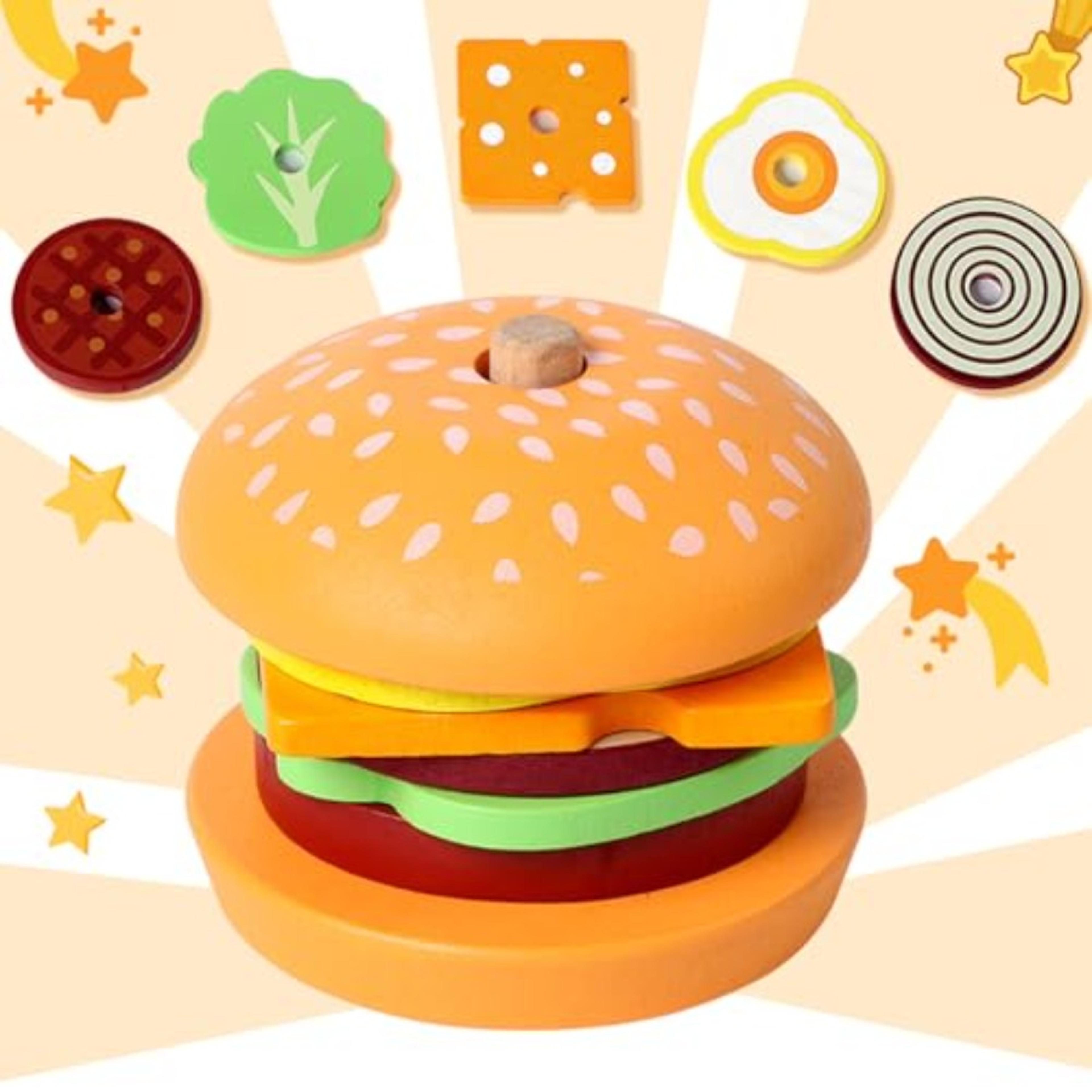 montessori wooden burger stacking toy for toddlers fine motor skills learning game