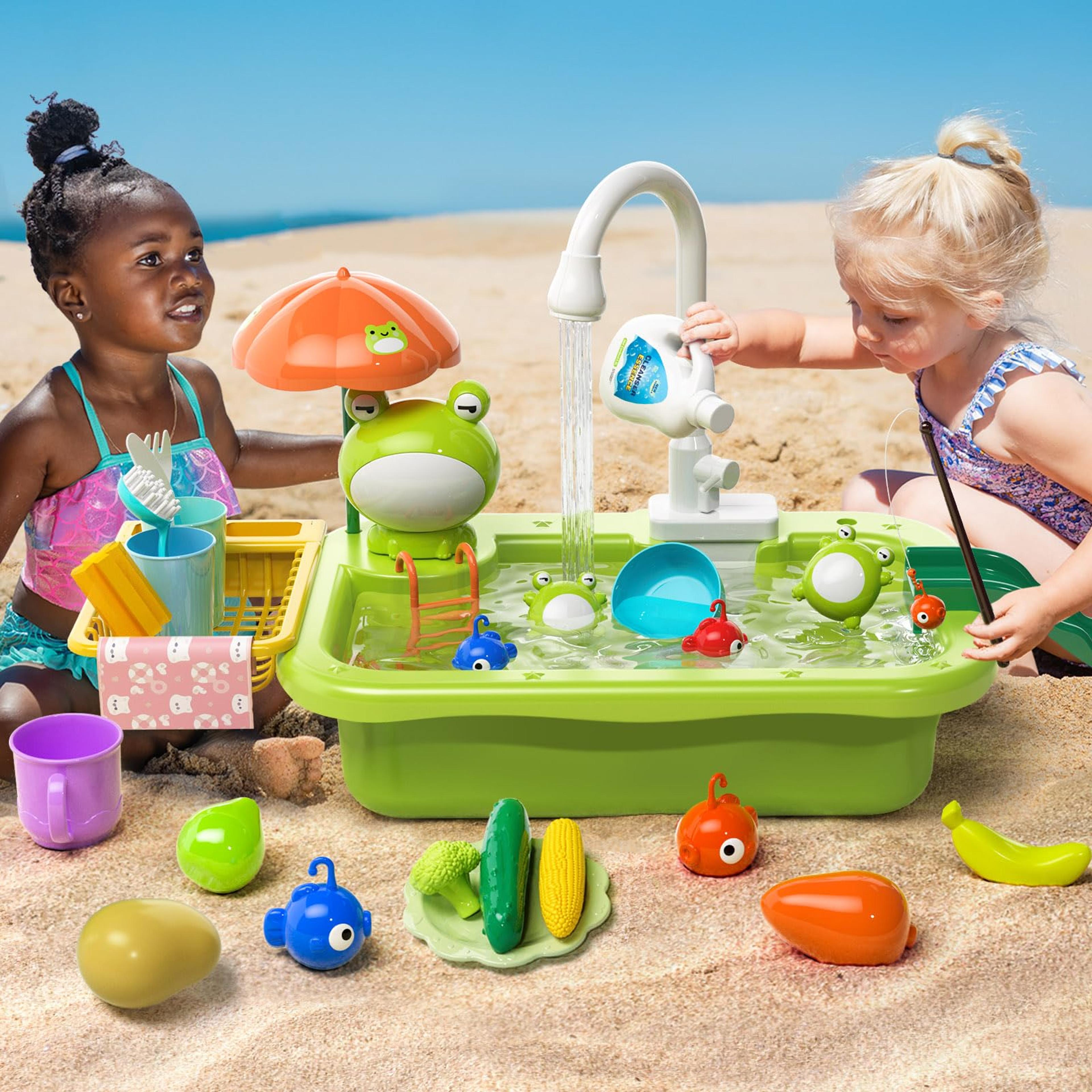 kids kitchen sink toy with running water, pretend play kitchen set & fishing game