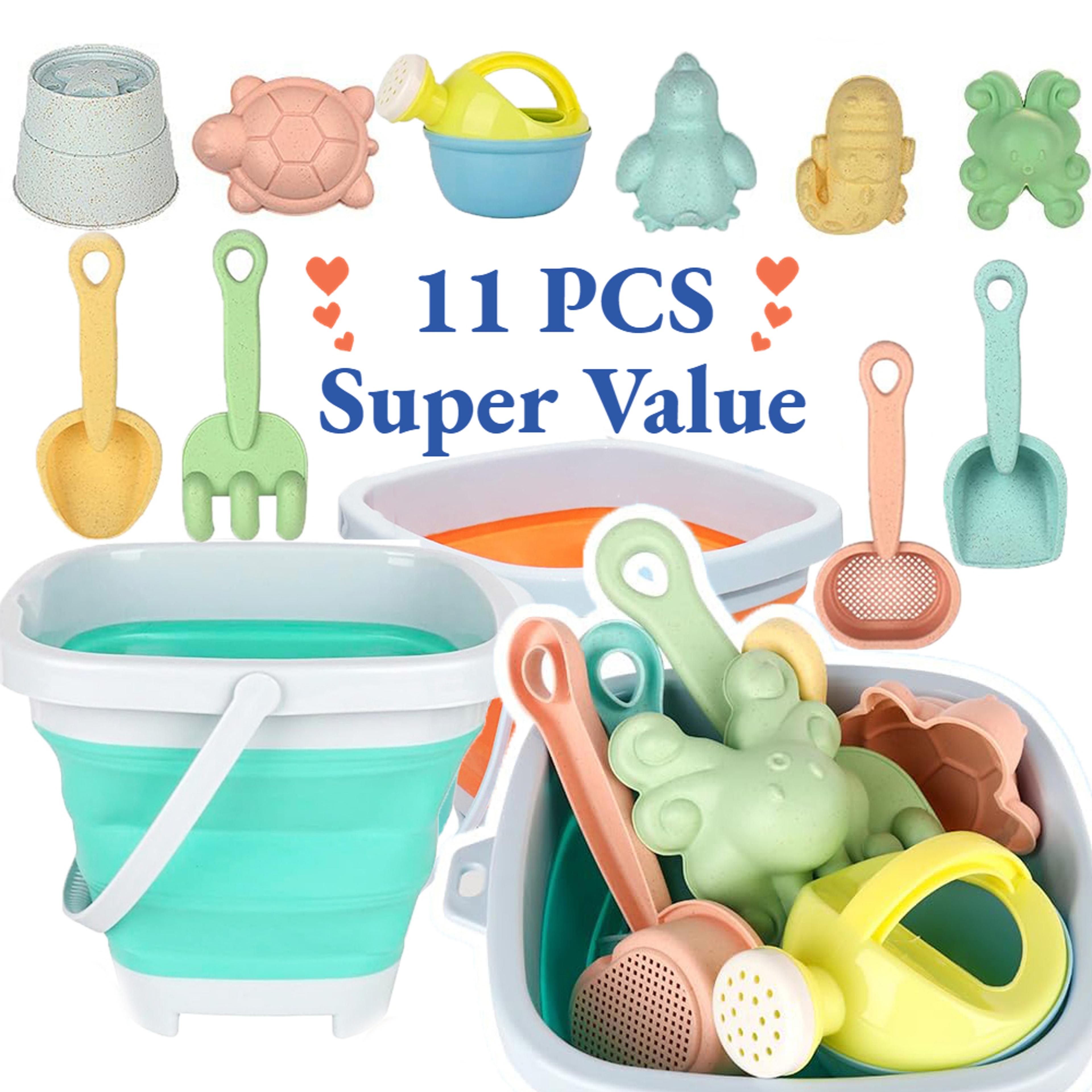 11 piece beach toys set with collapsible bucket & sand molds for kids outdoor summer play