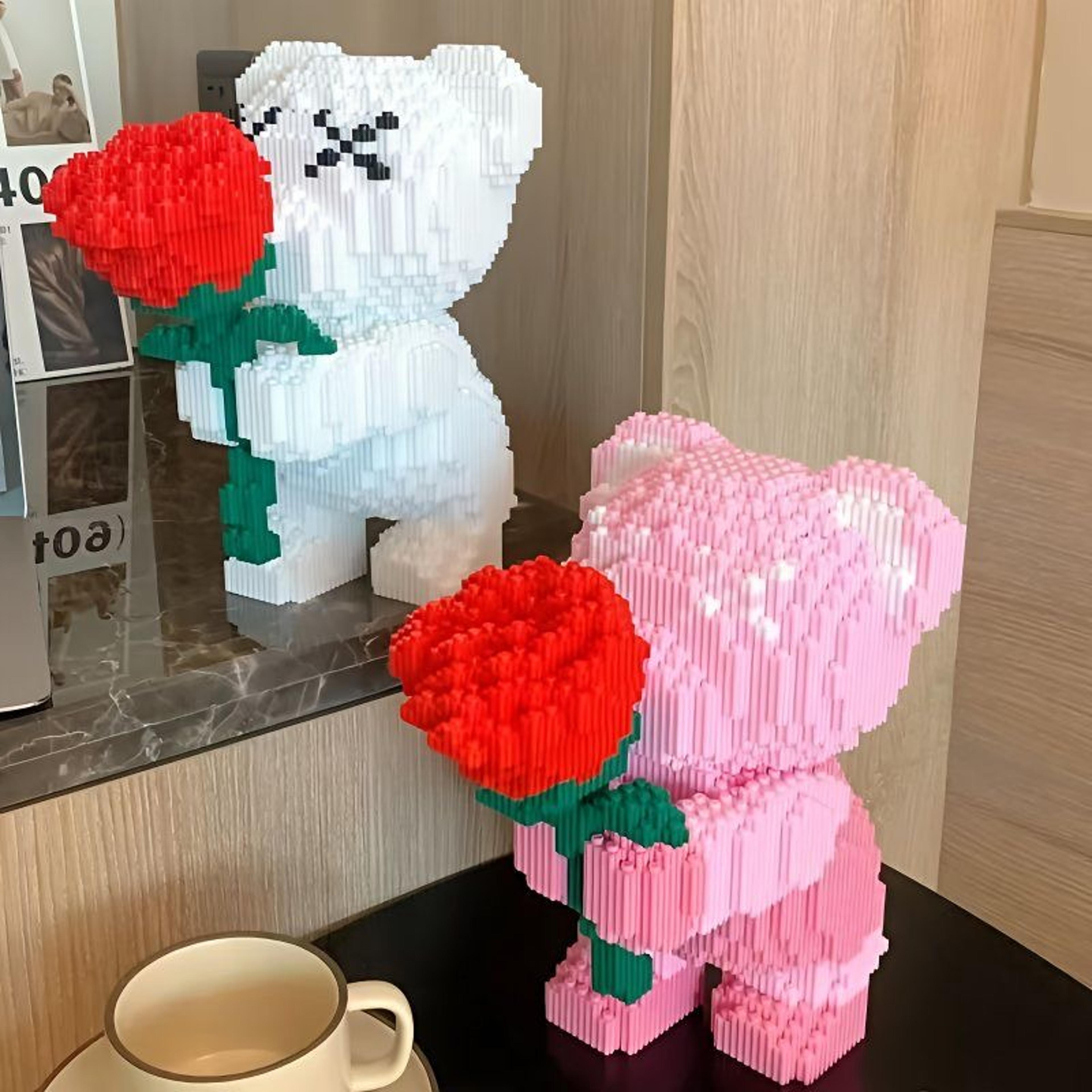 cute pink flower teddy bear building blocks diy building block toy for kids and desk decor