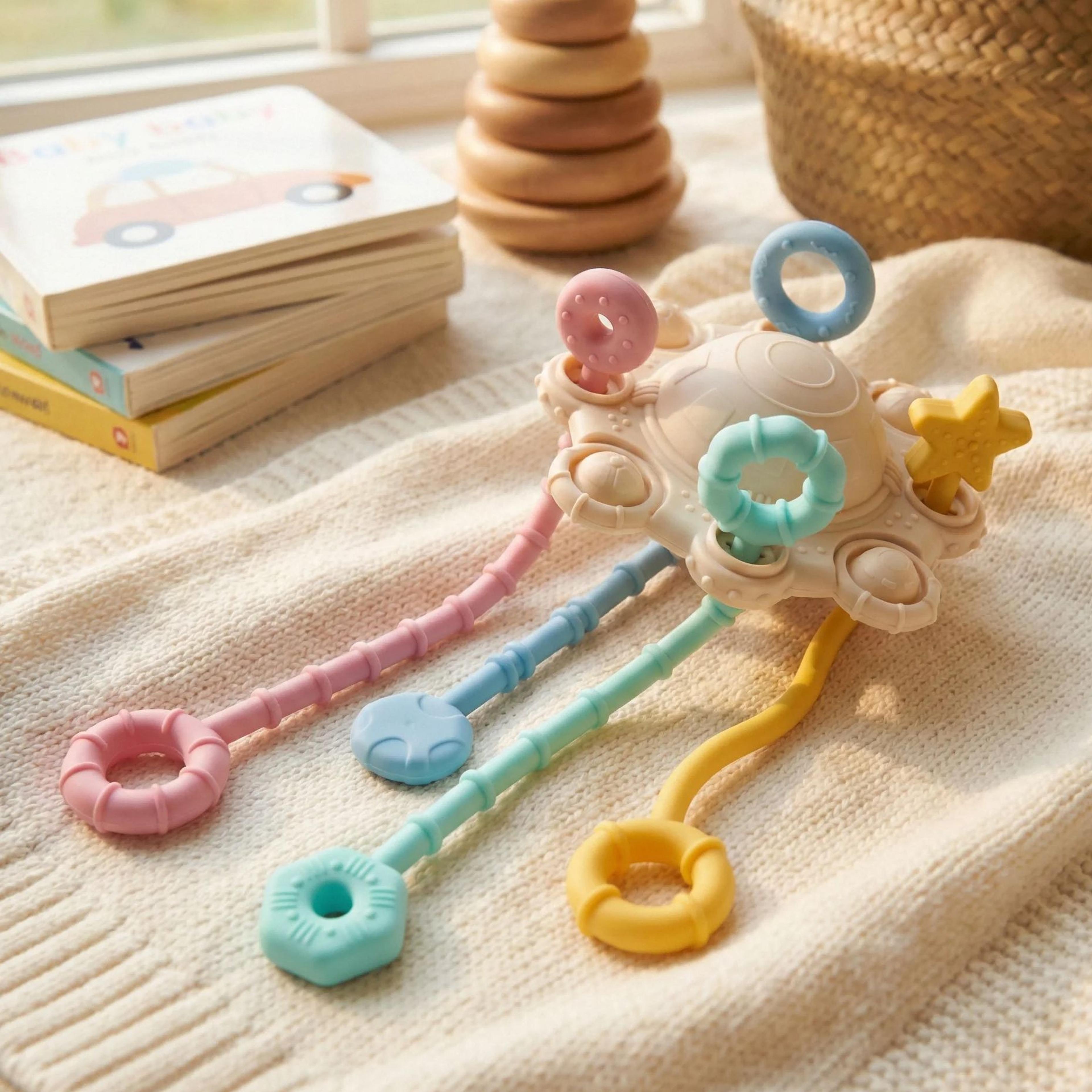 montessori baby pull string sensory toy silicone teething toy for fine motor skills & toddler travel play