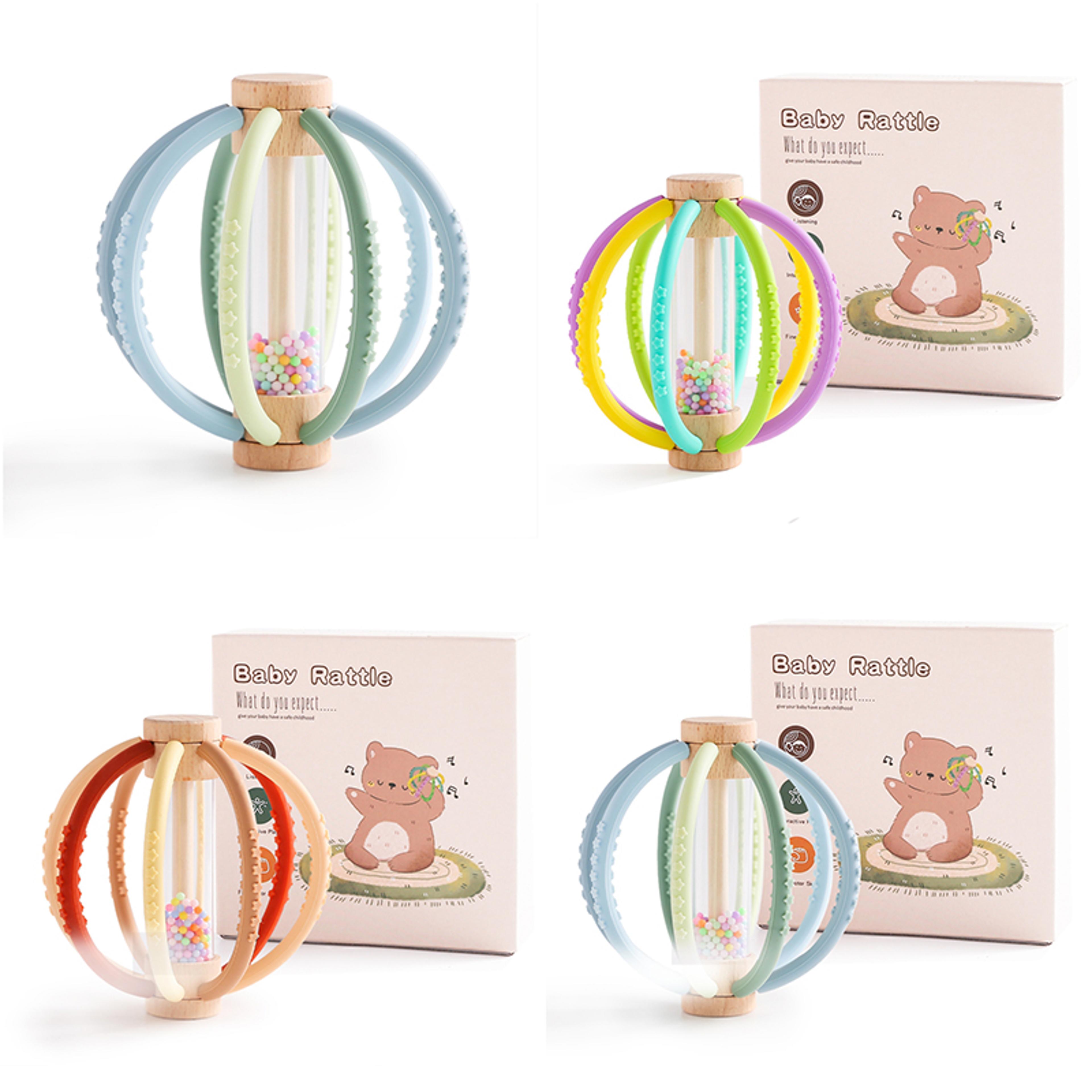 wooden baby rattle & silicone teether rain drum montessori sensory toy for newborns