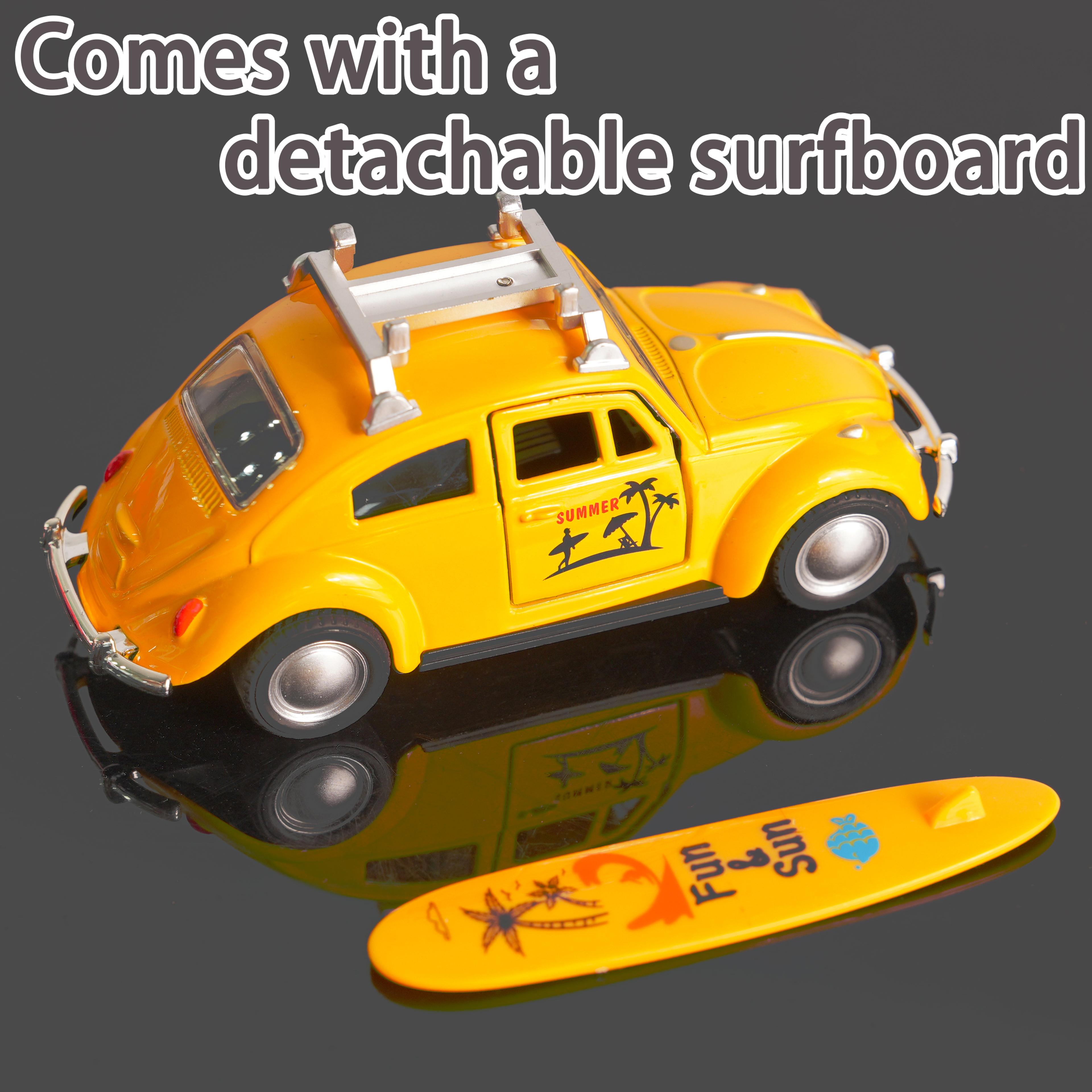 retro diecast car volkswagen beetle pull back toy with surfboard & opening doors