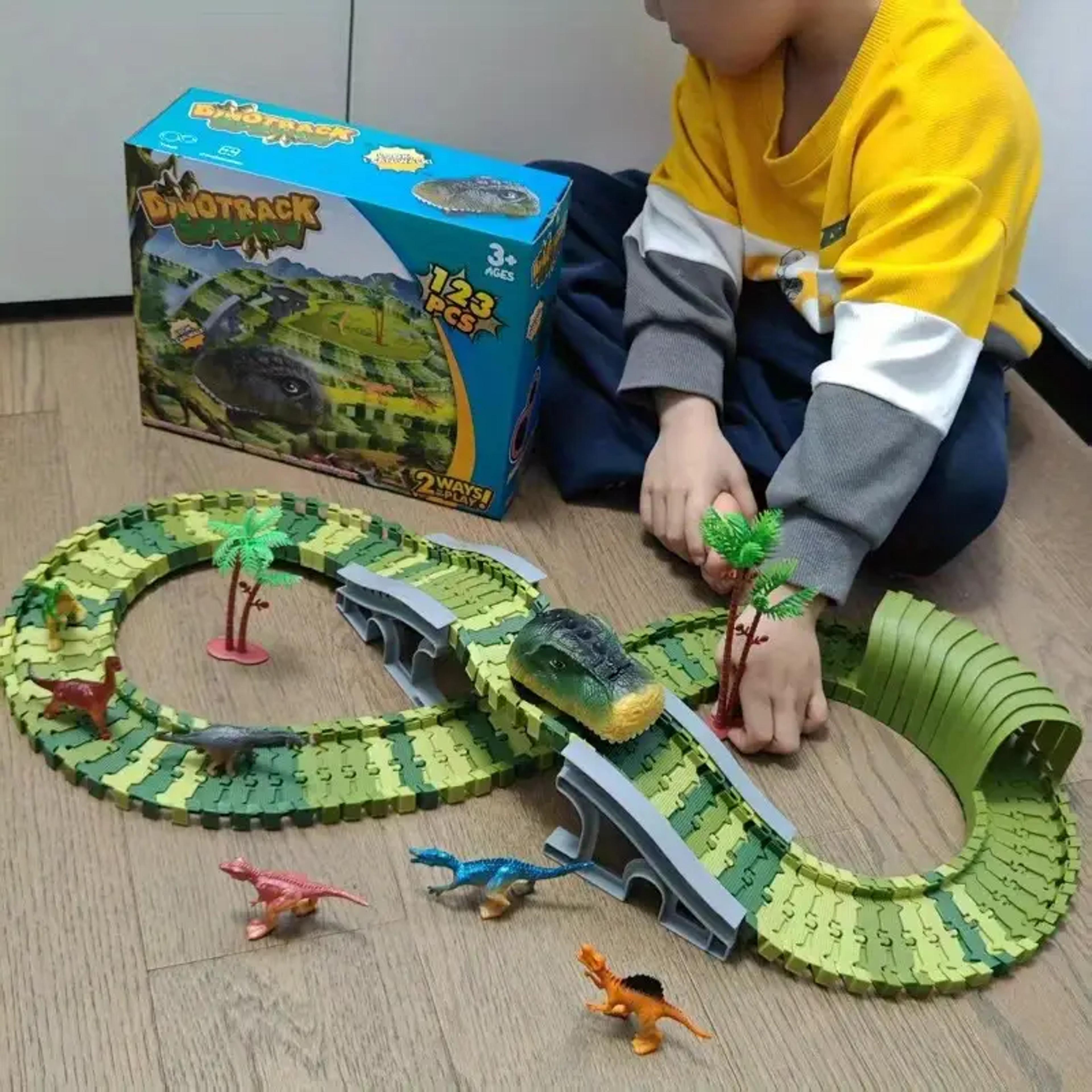 dinosaur race track adventure set with flexible track & electronic car for kids