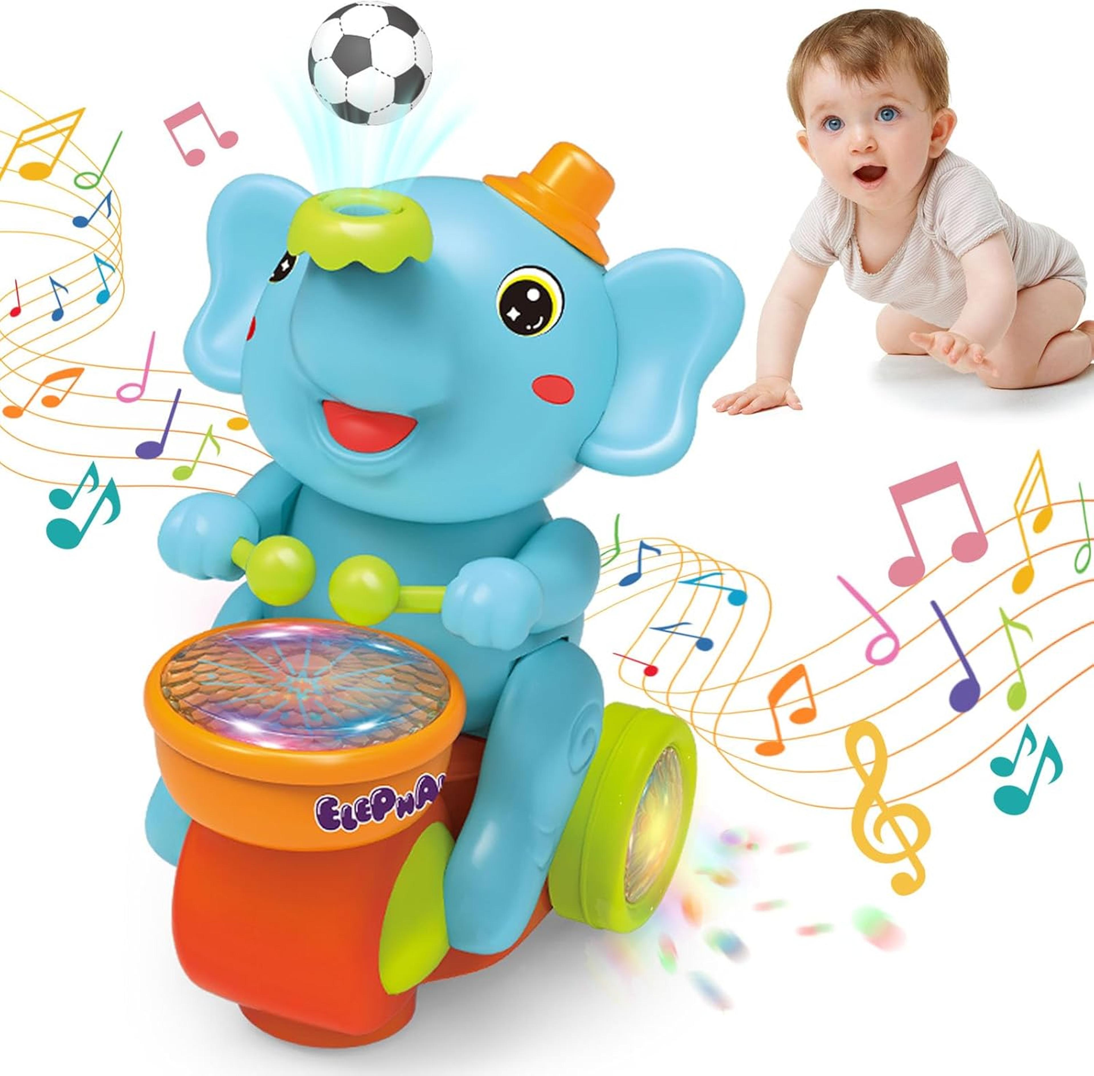 musical elephant walking baby crawling toy with floating ball, led lights & interactive drum fun