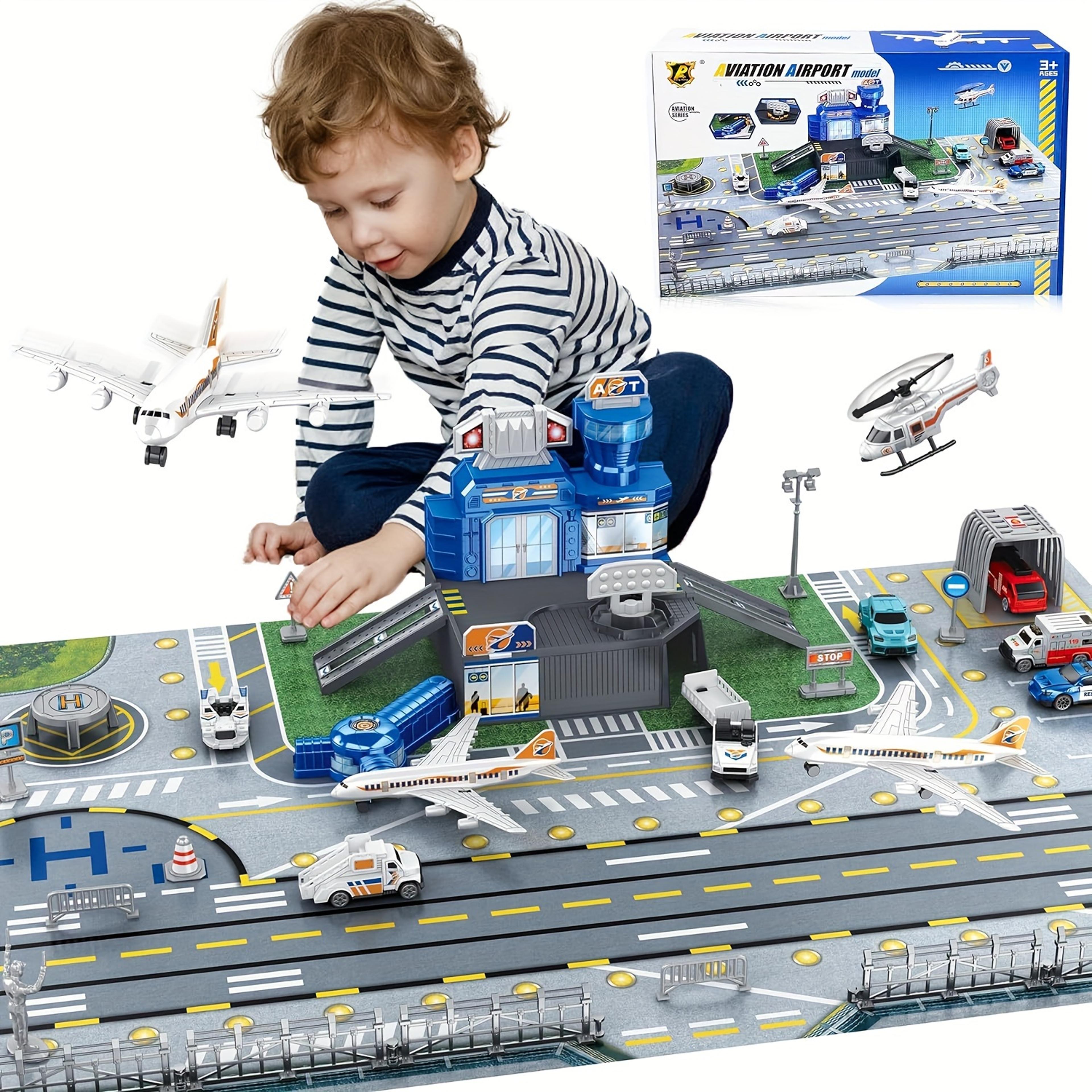 interactive airport playset airplane toy set with trucks, helicopter & playmat for kids