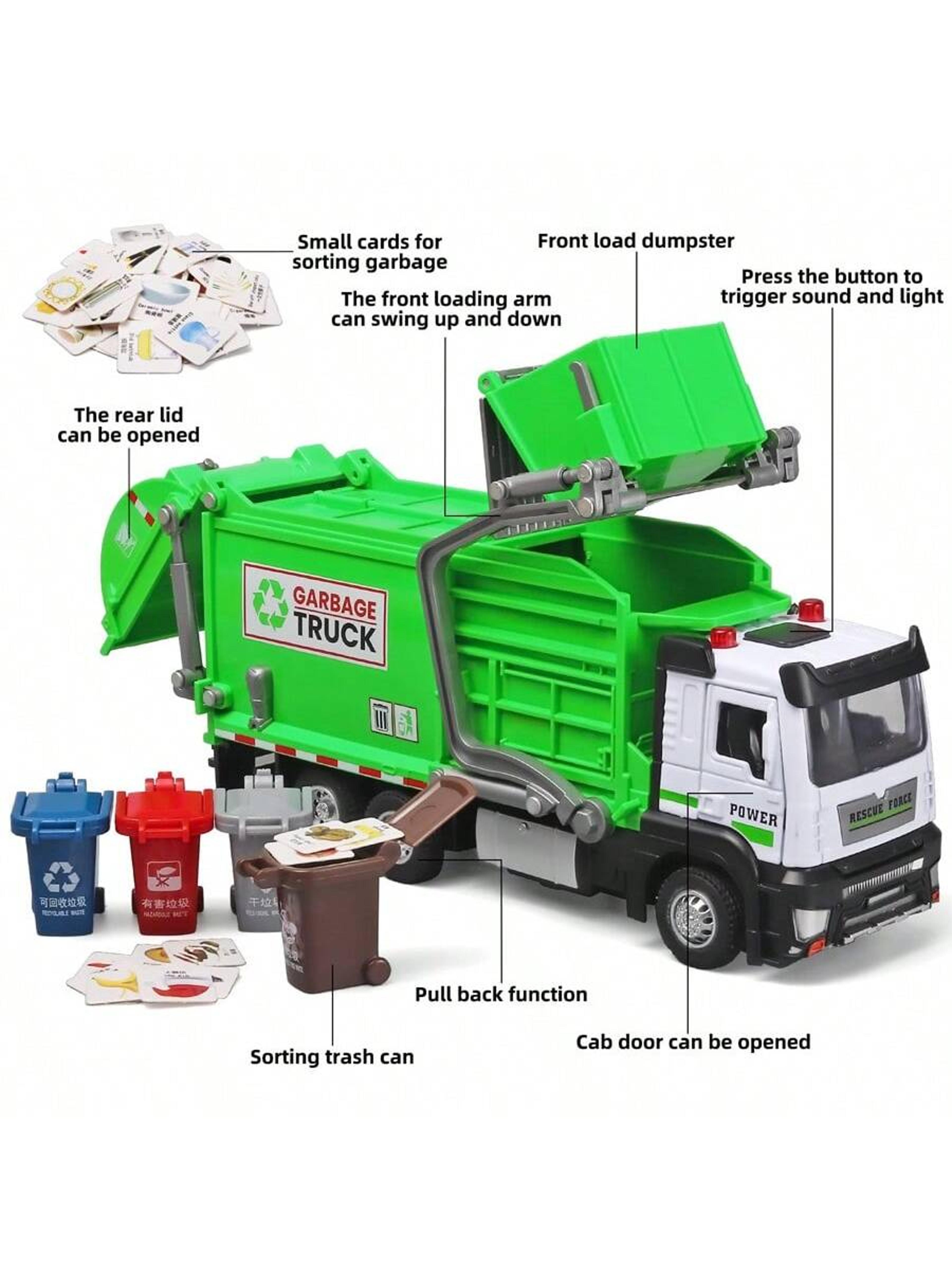 realistic garbage truck toy with recycling bins & stem learning cards pull back educational playset