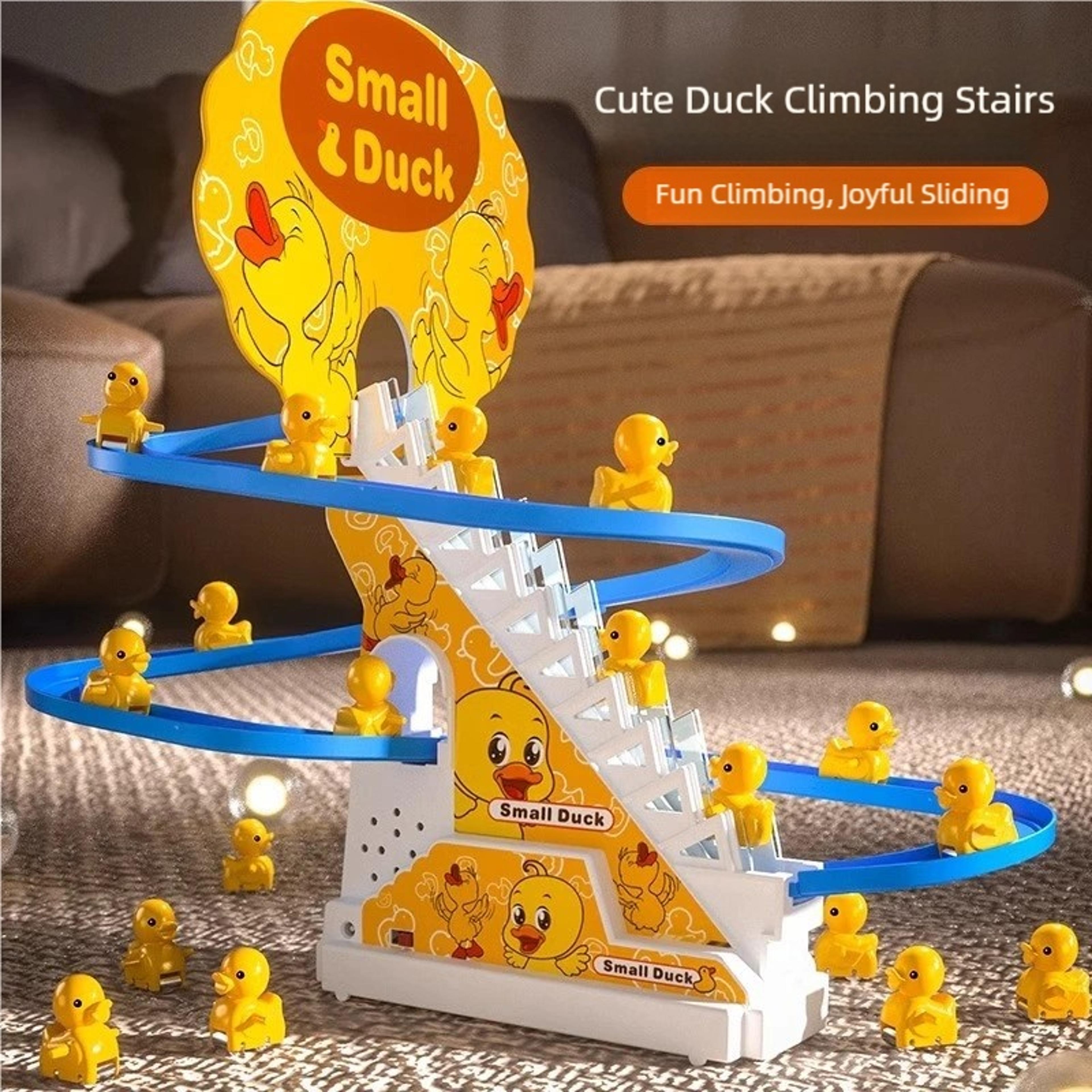 duck climbing stairs toy with music, led lights & interactive track for toddlers