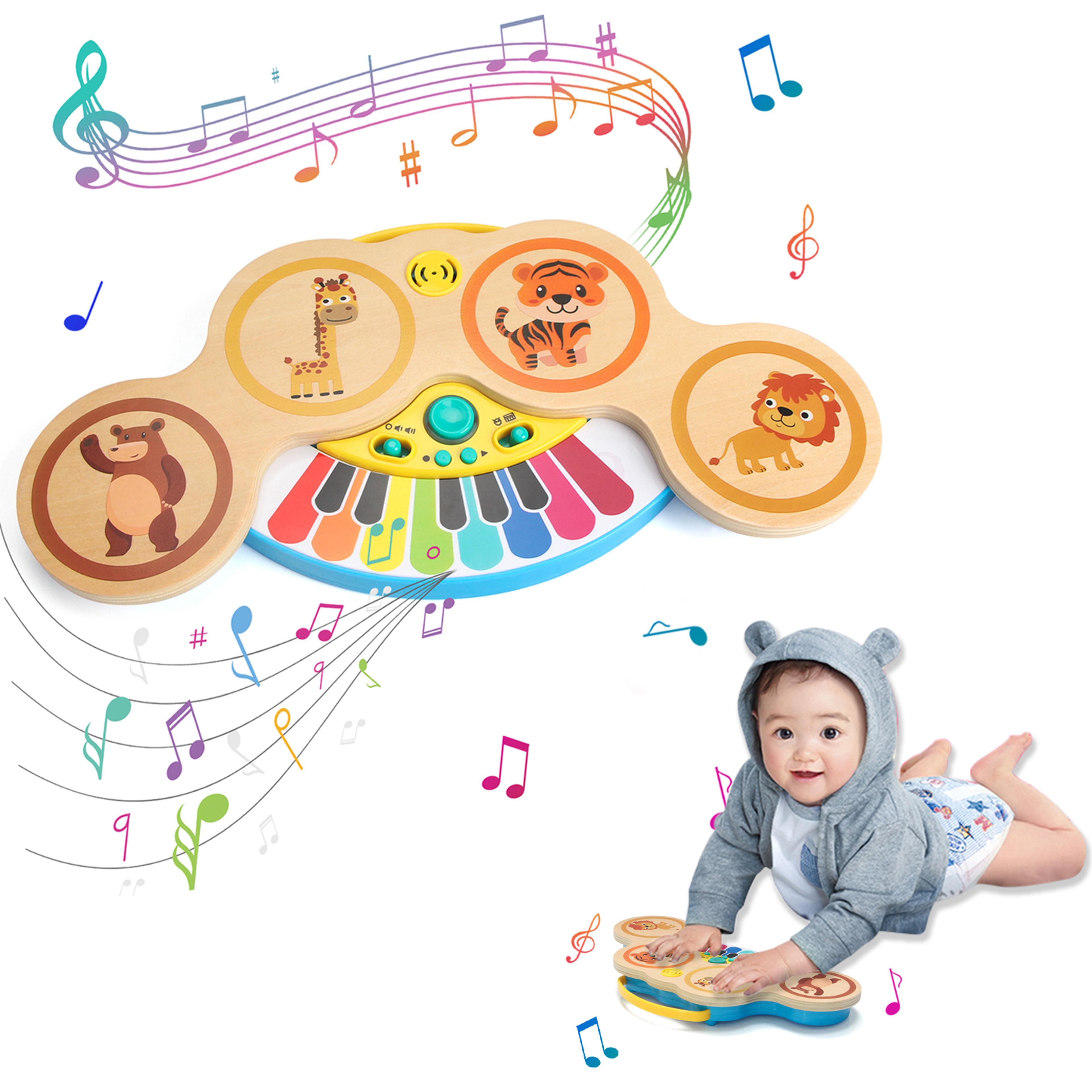 wooden 2-in-1 baby piano toy and clapping drum musical learning toy with lights for toddlers