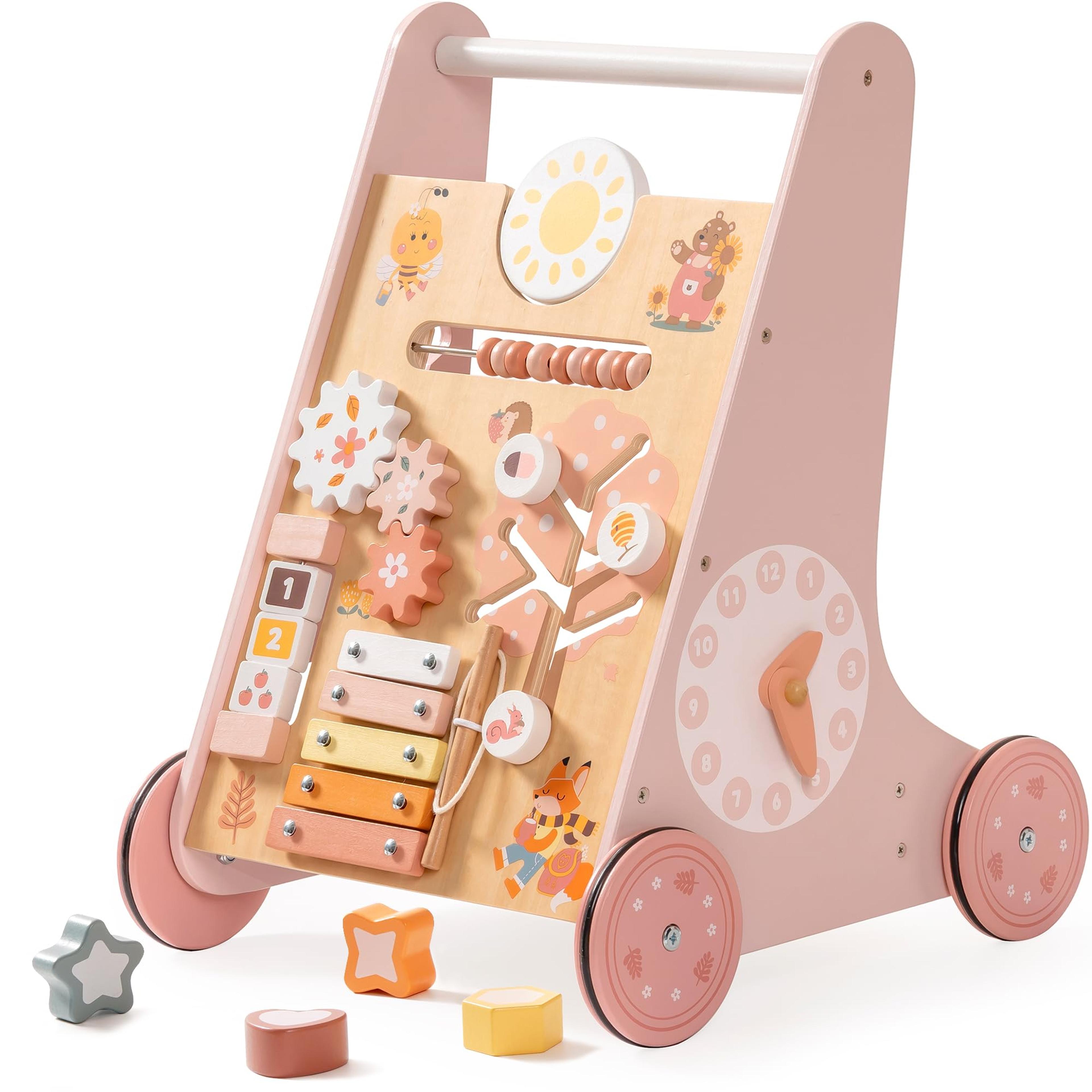 wooden baby walker with activity center and storage montessori push walker for early learning