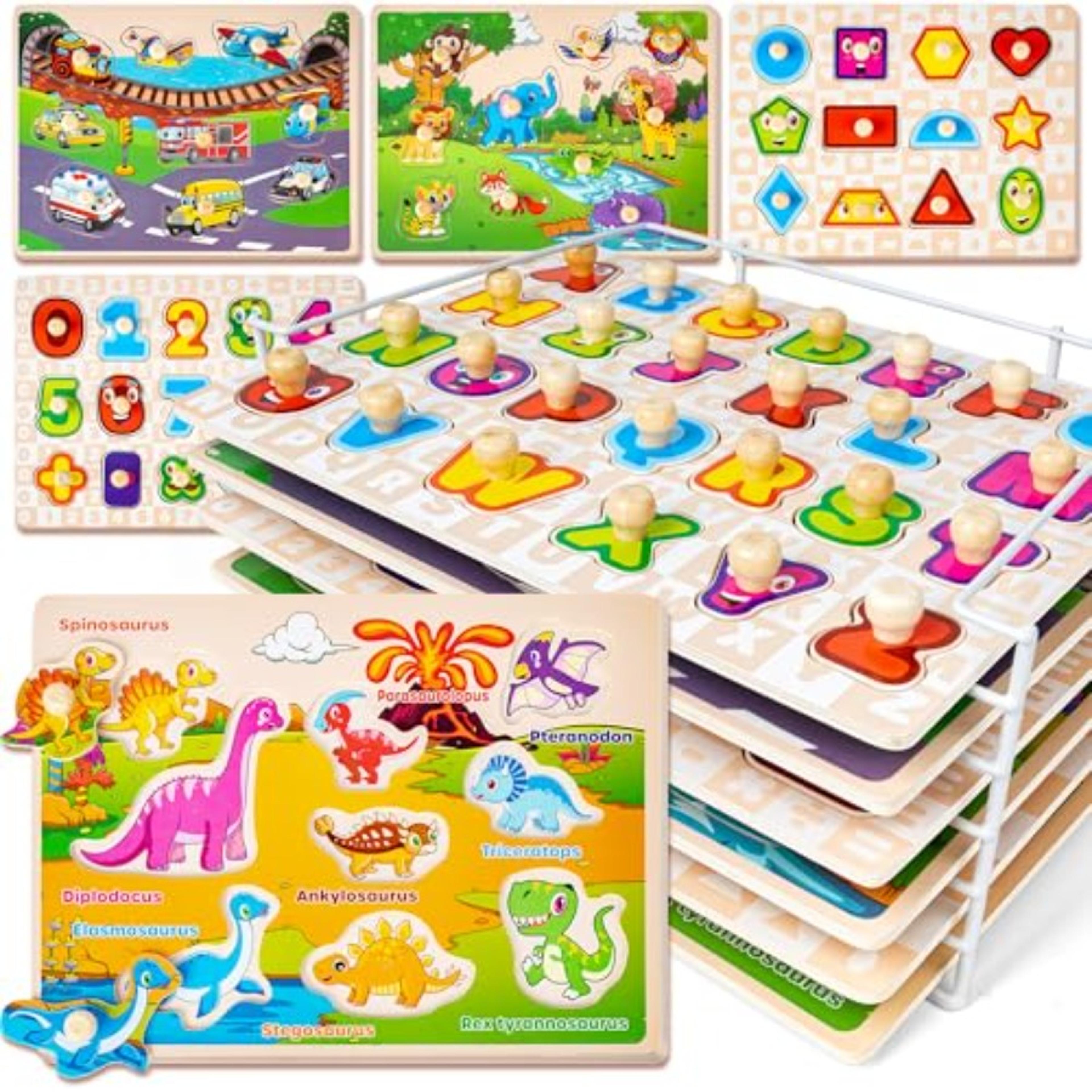 6 pack wooden puzzles for toddlers with storage rack montessori alphabet number learning set
