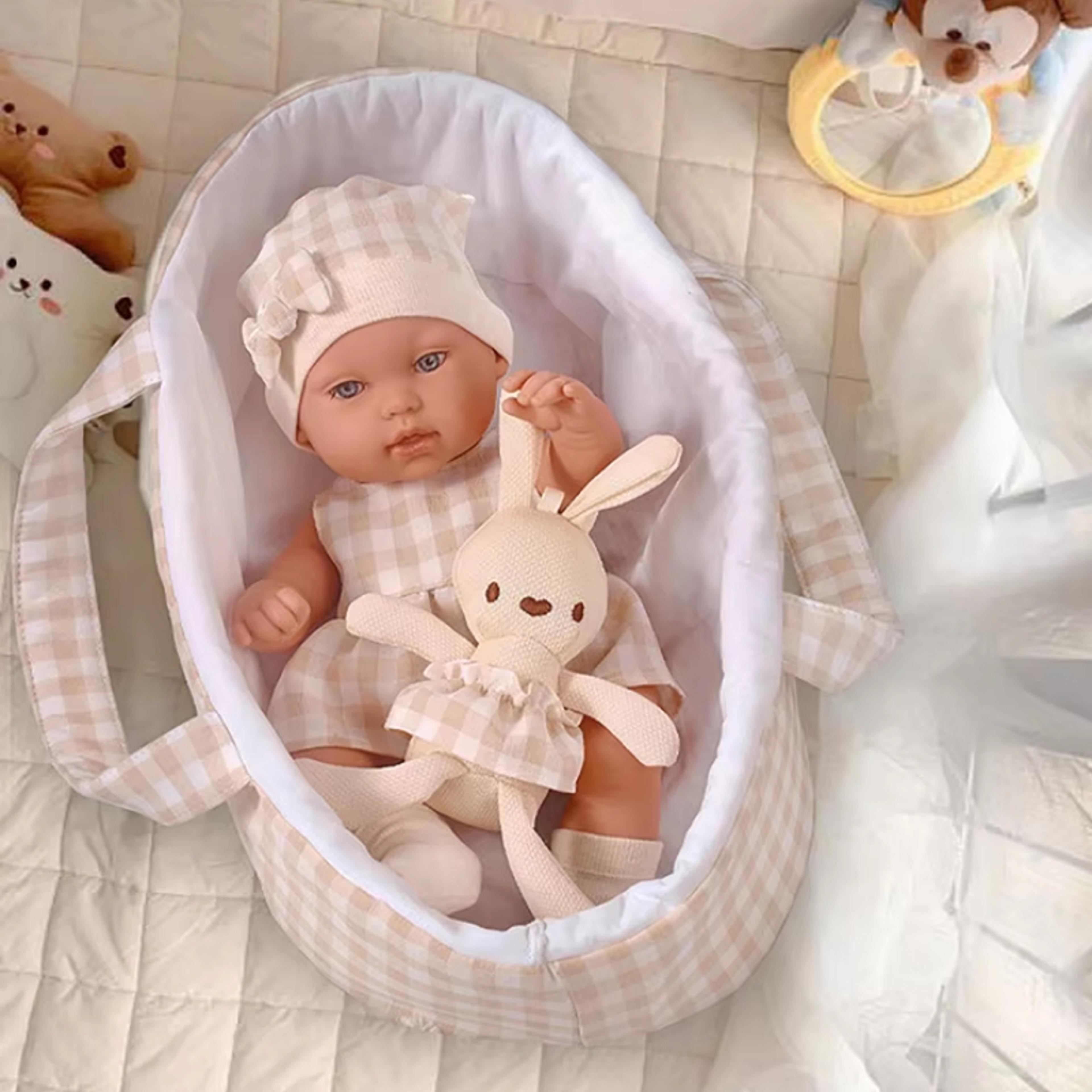 14-inch reborn baby doll with clothes, sleeping basket & bunny plush gift set