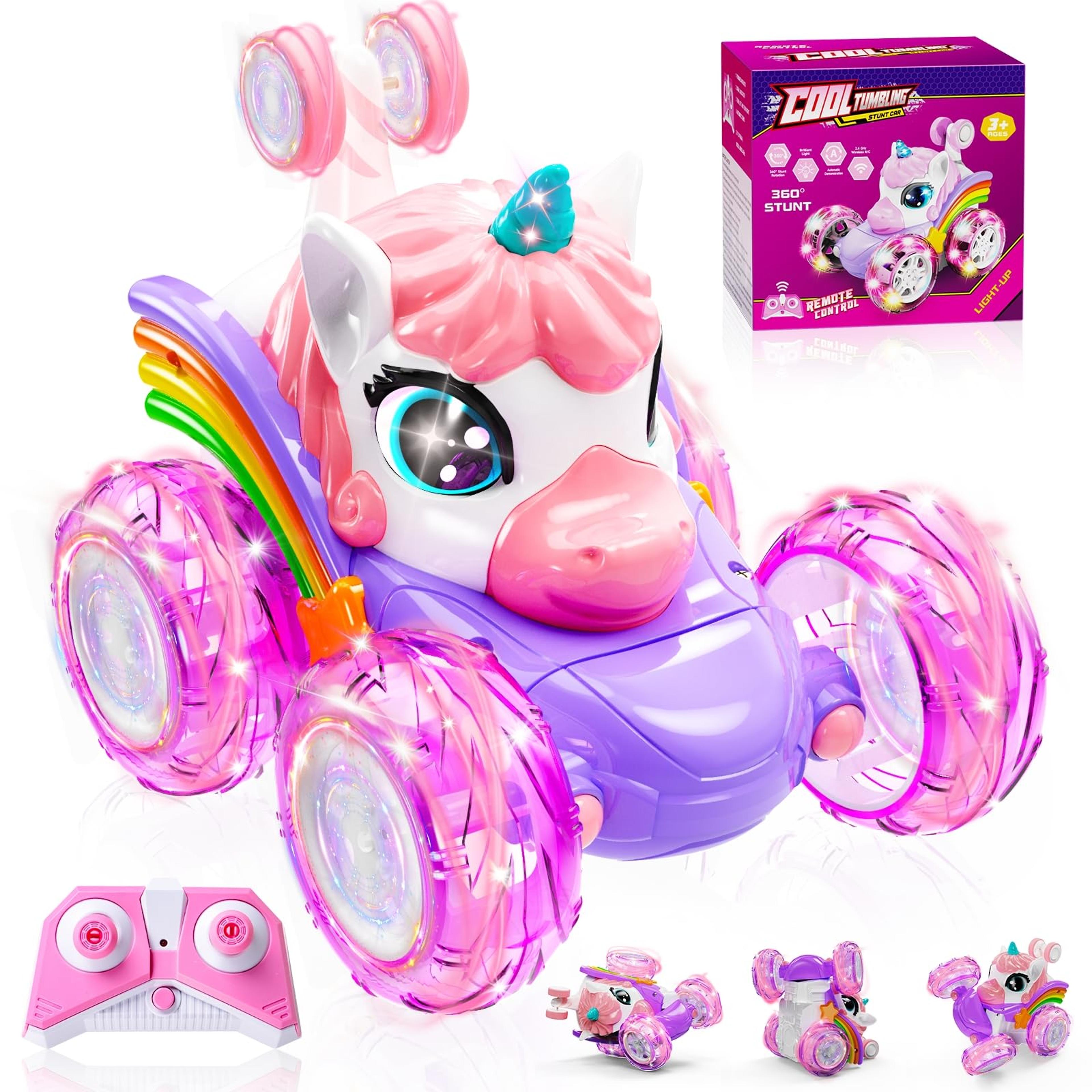 unicorn rc car for girls 360° rotating 4wd rechargeable stunt car with led lights