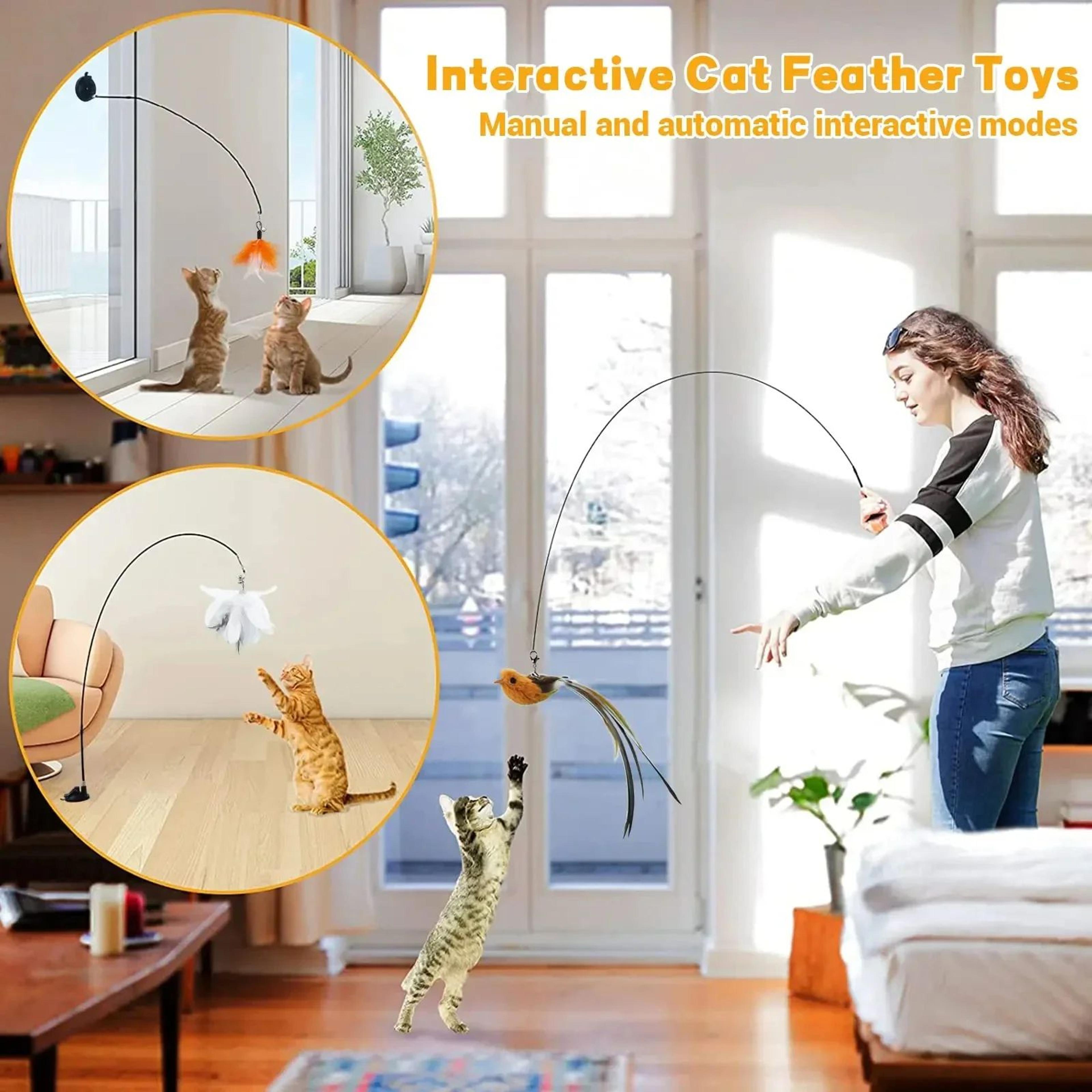 simulated bird cat toy with feather teaser wand – upgraded epoxy sucker & steel wire rod for interactive play