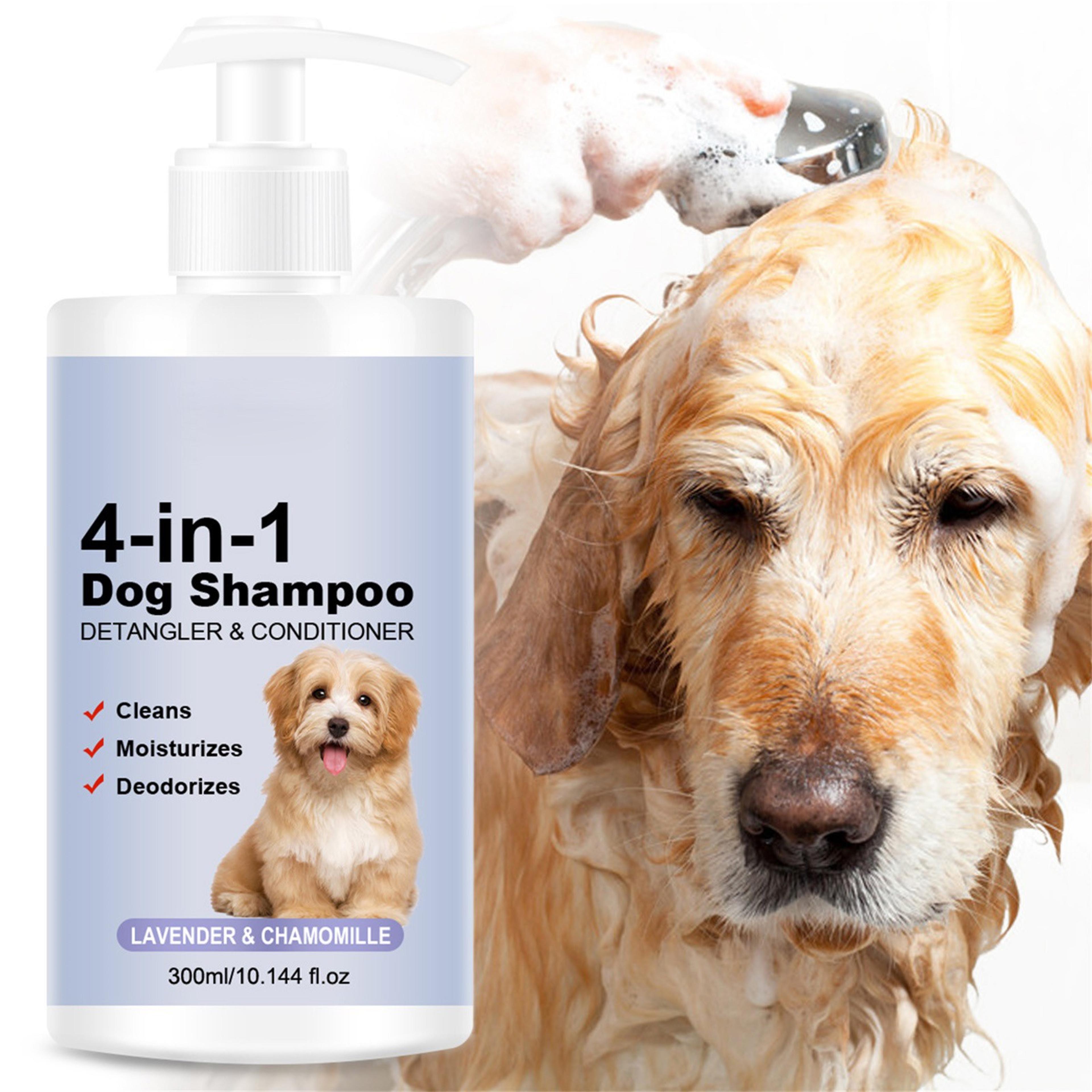 dog shampoo 4 in 1 lavender chamomile pet wash, cleanses, conditions, smoothes, moisturizes, gentle pet care 300ml
