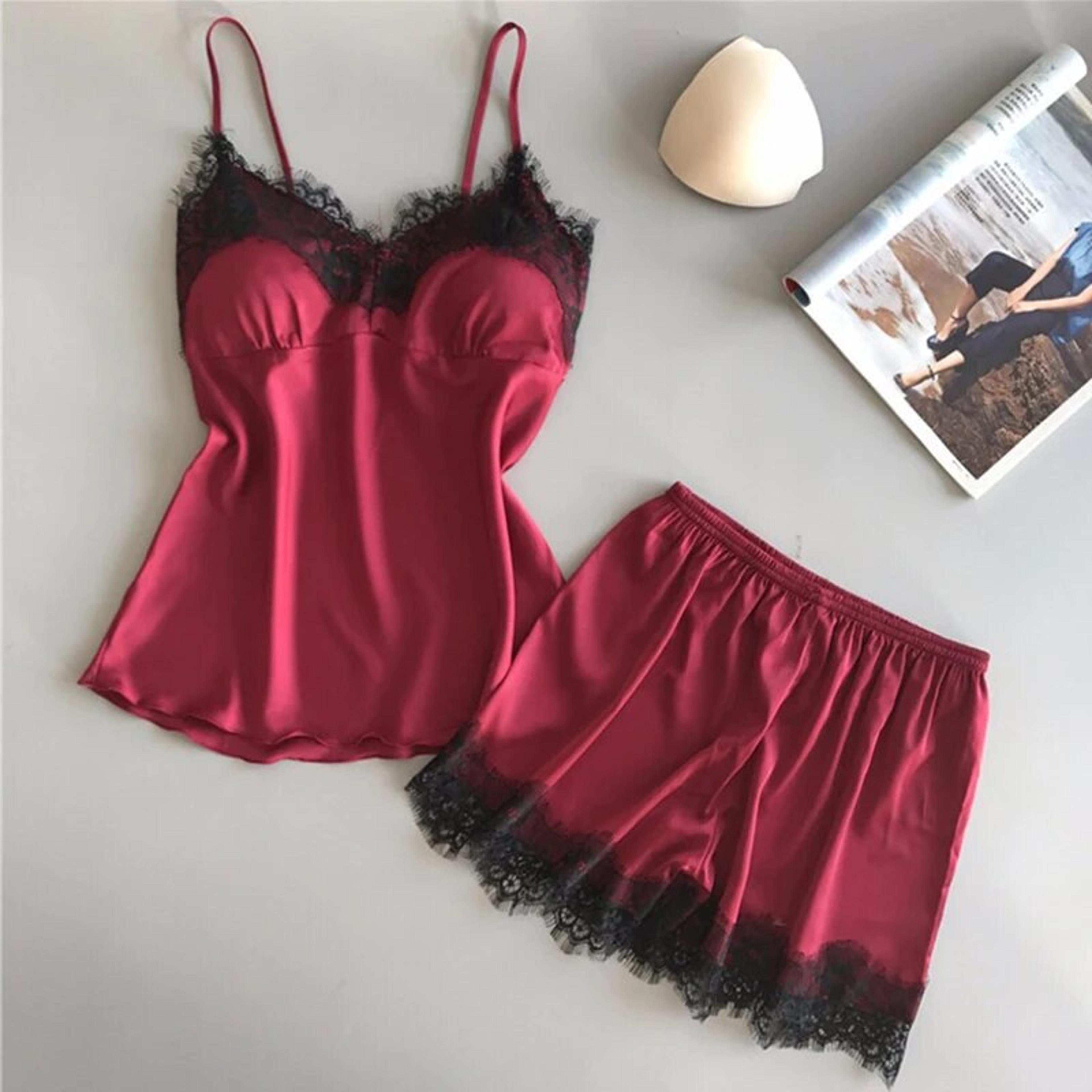 womens pajama suit fashion v neck stretch satin babydoll lace sexy lingerie sleepwear set with bowknot
