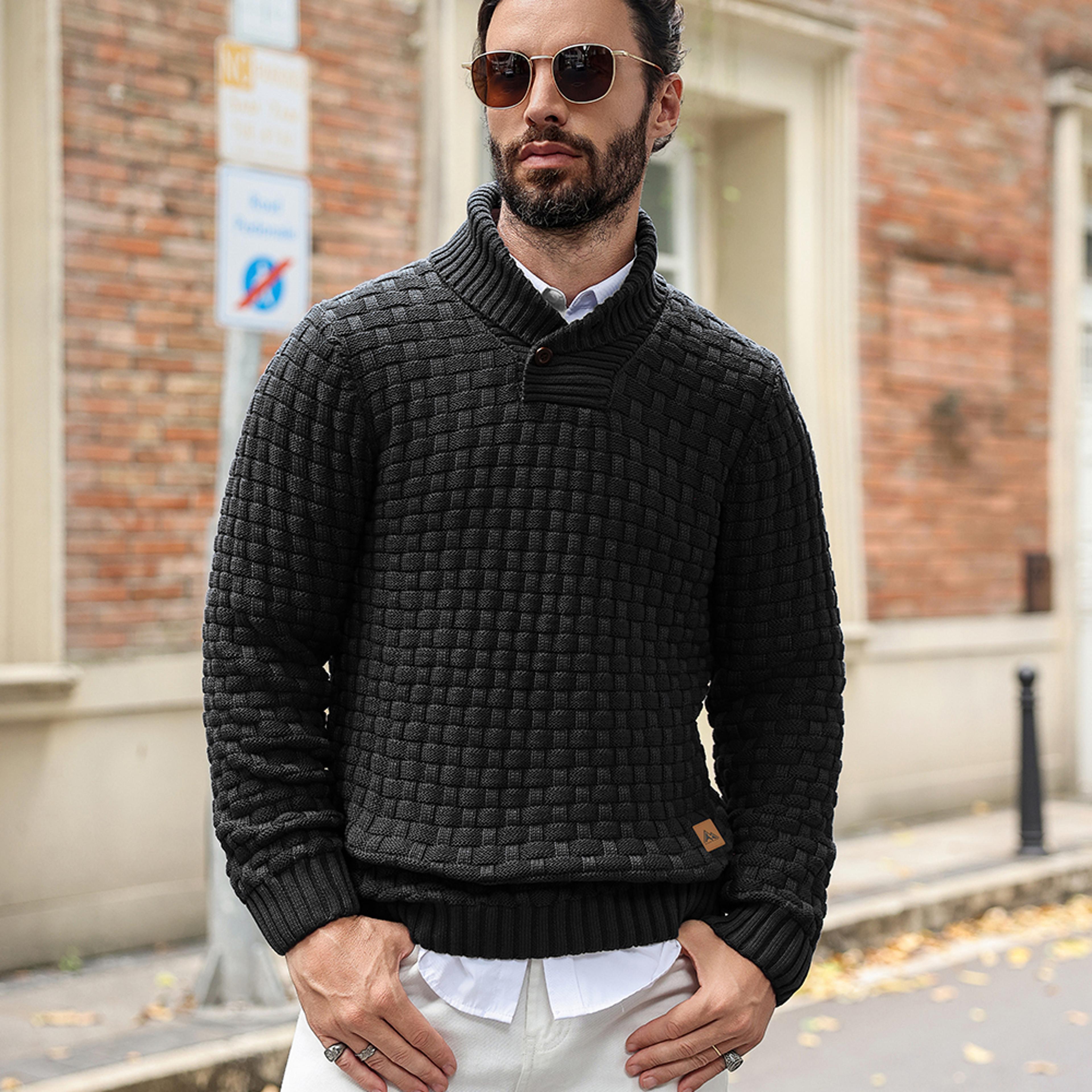 men's knitted sweater casual, crew neck warm, long sleeve comfortable pullover, textured ribbed edge top style
