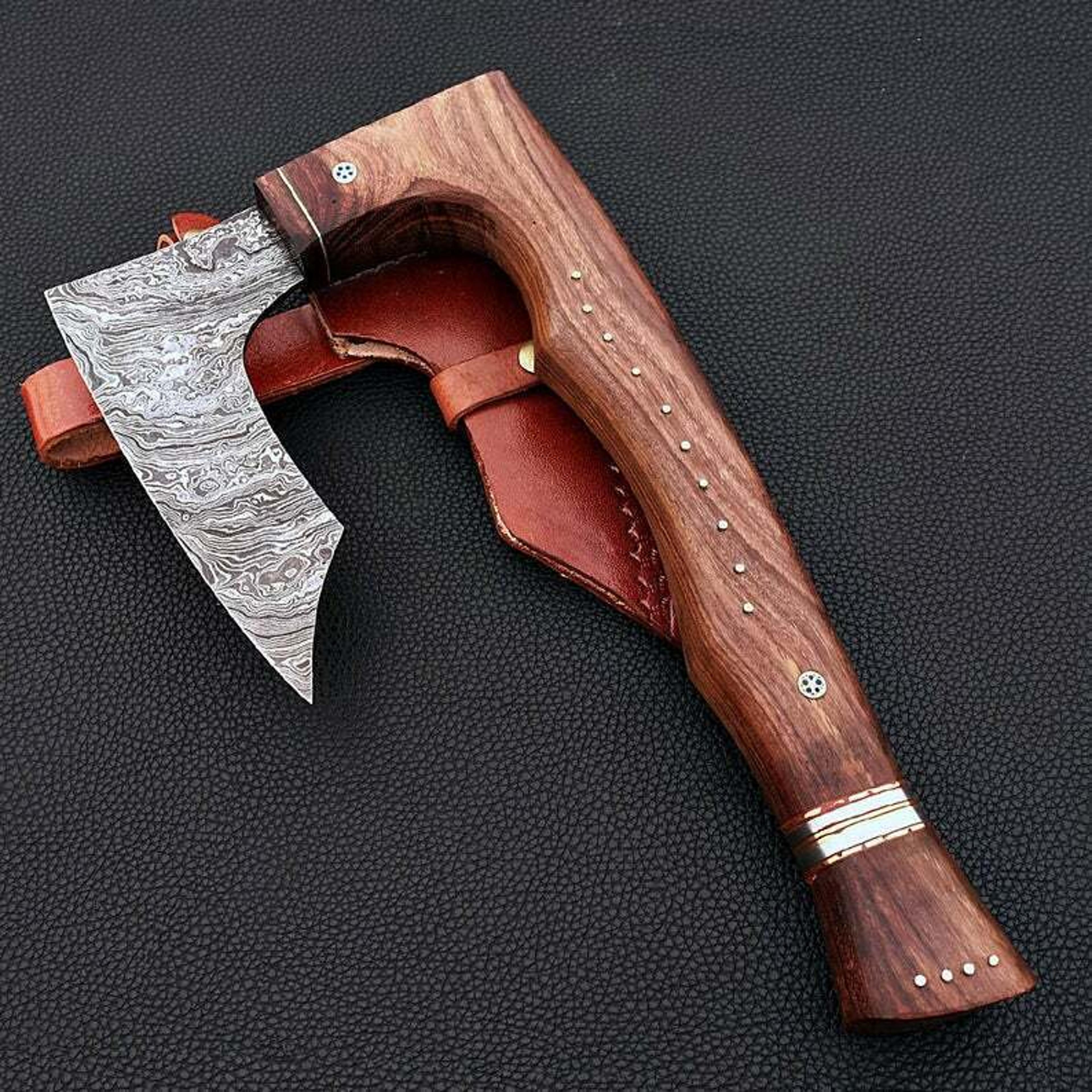 16" hand-forged damascus steel hunting axe d2 mirror polish blade & leather sheath