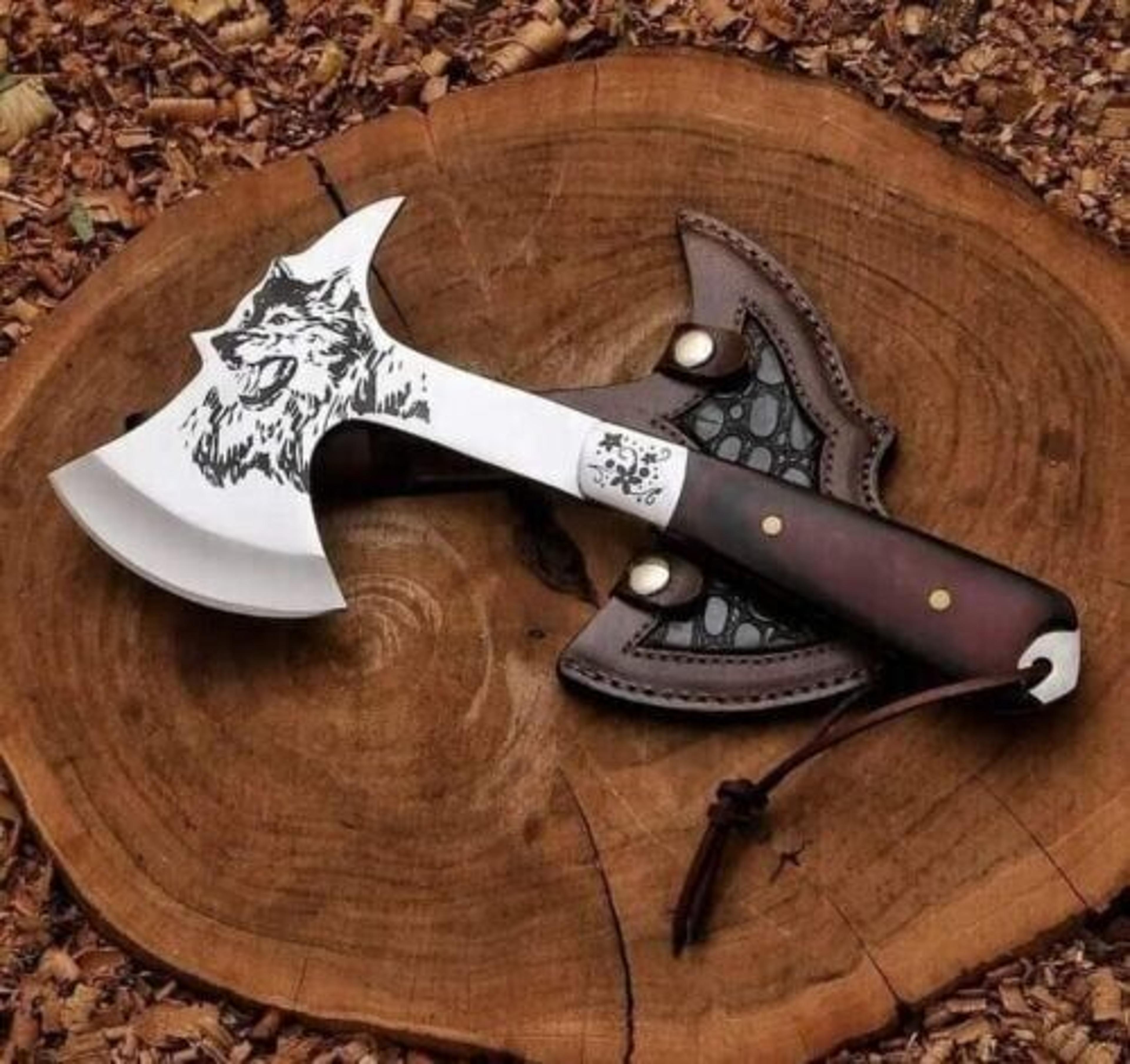 13" handmade engraved d2 high carbon steel tomahawk axe – wooden handle & hand-forged camping axe
