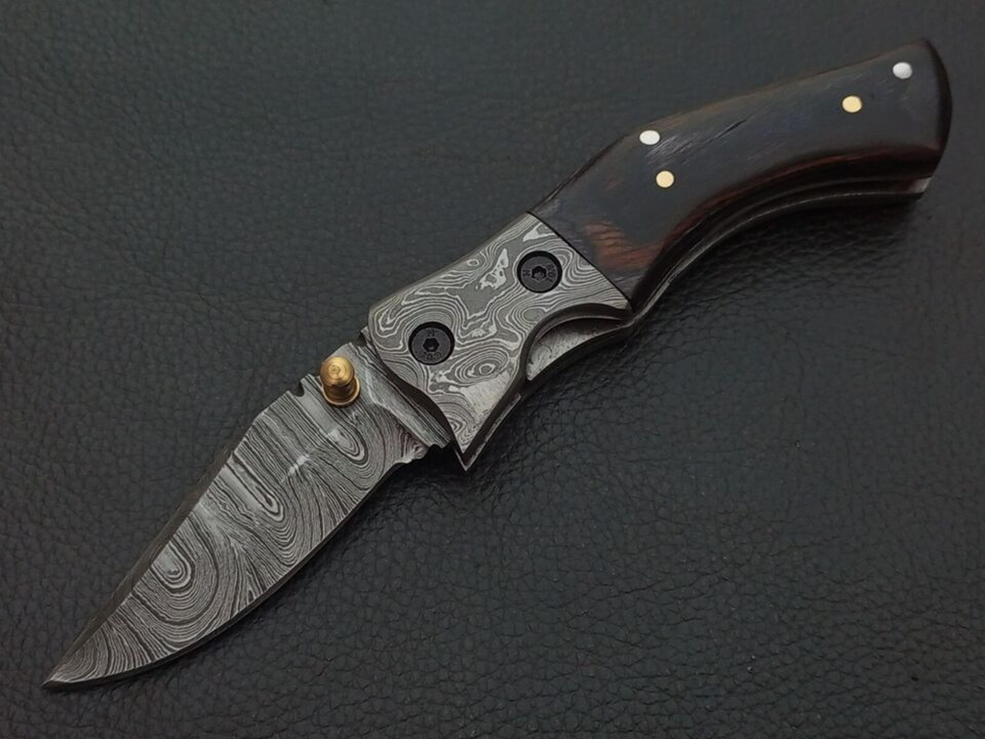 damascus steel folding pocket knife 7" – wood handle, damascus bolster, file work & leather sheath