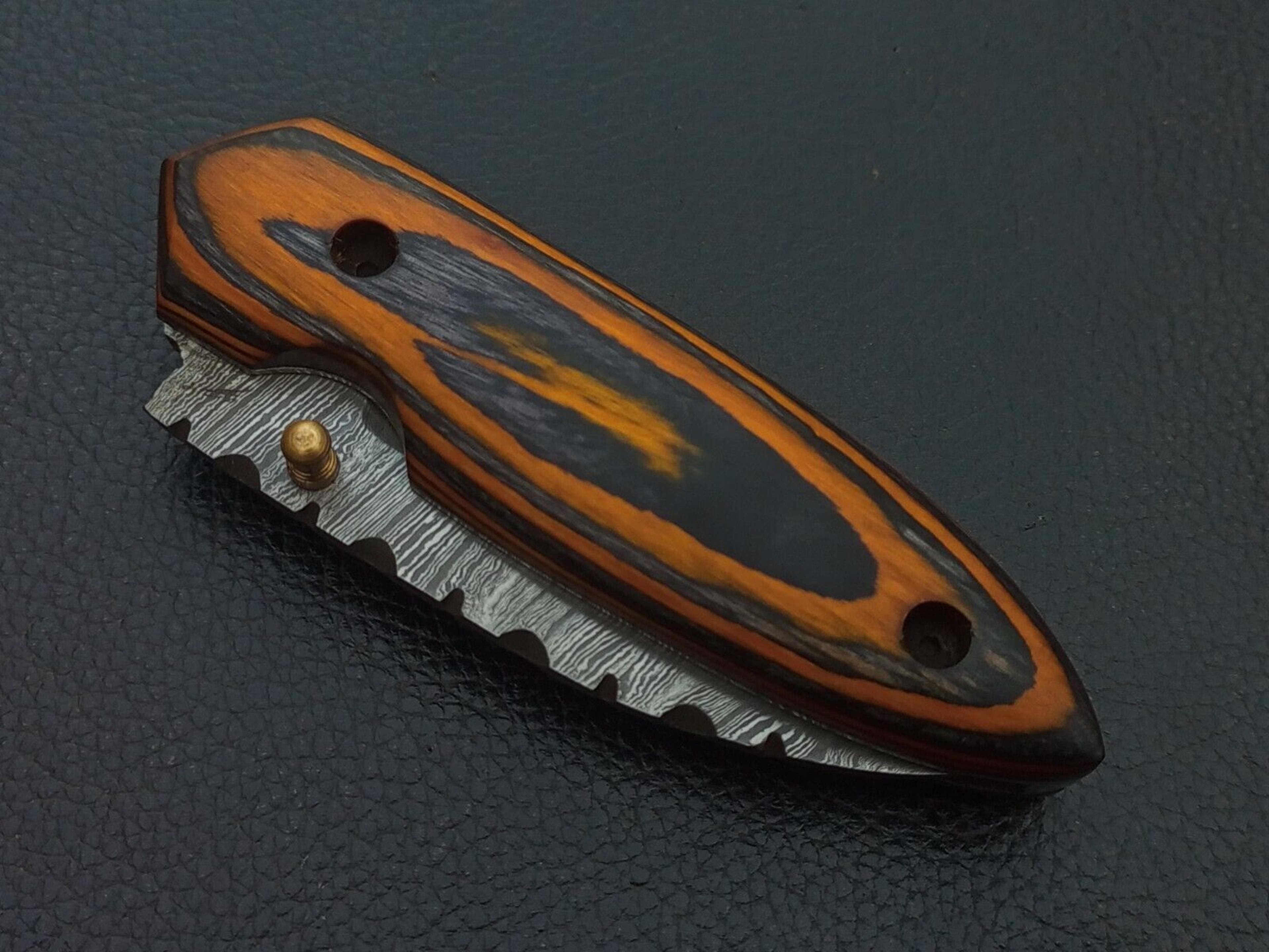 damascus steel folding pocket knife 7" – wood handle with leather sheath