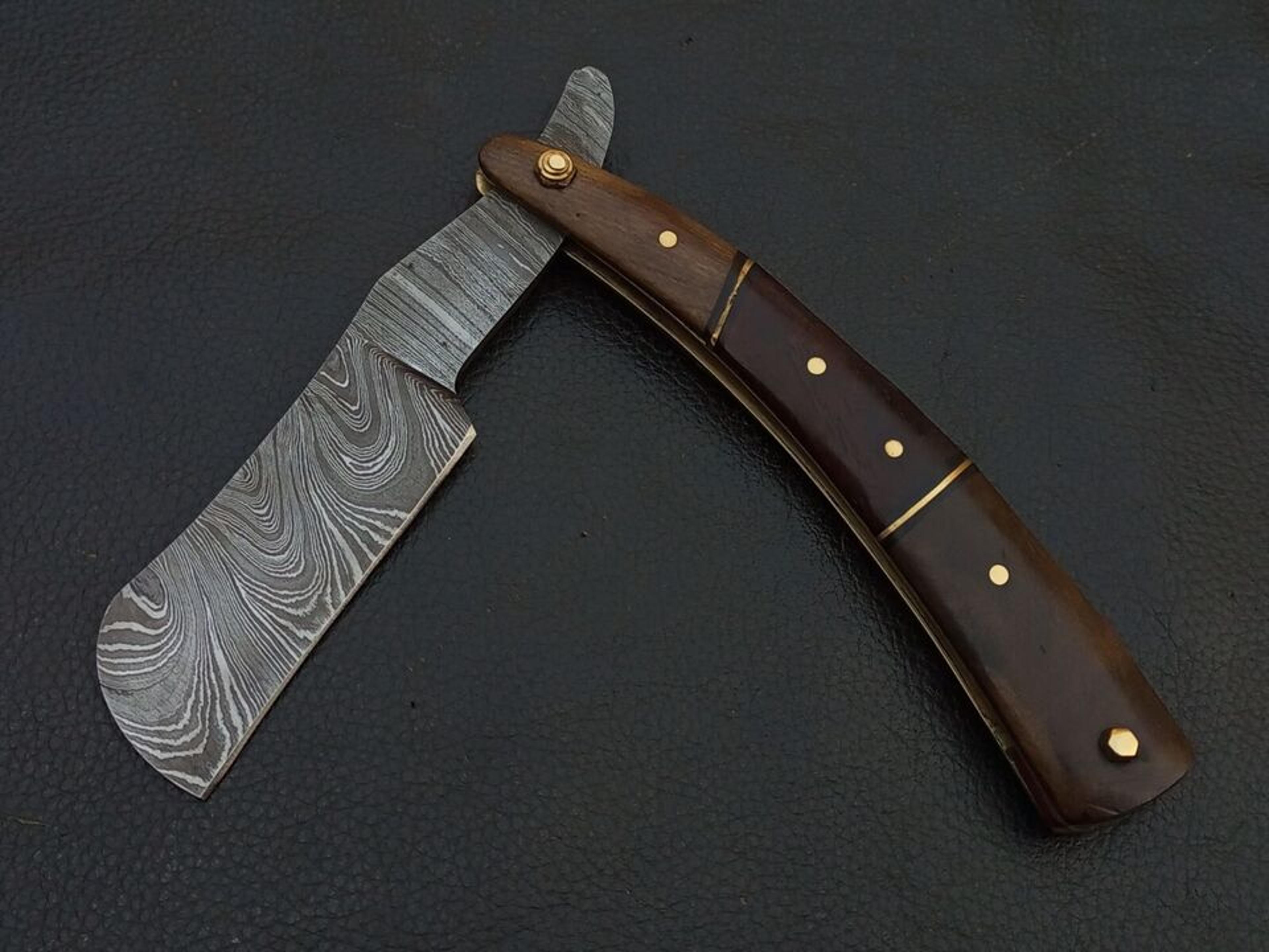 damascus steel razor knife 8.5" – wood handle folding blade with leather sheath