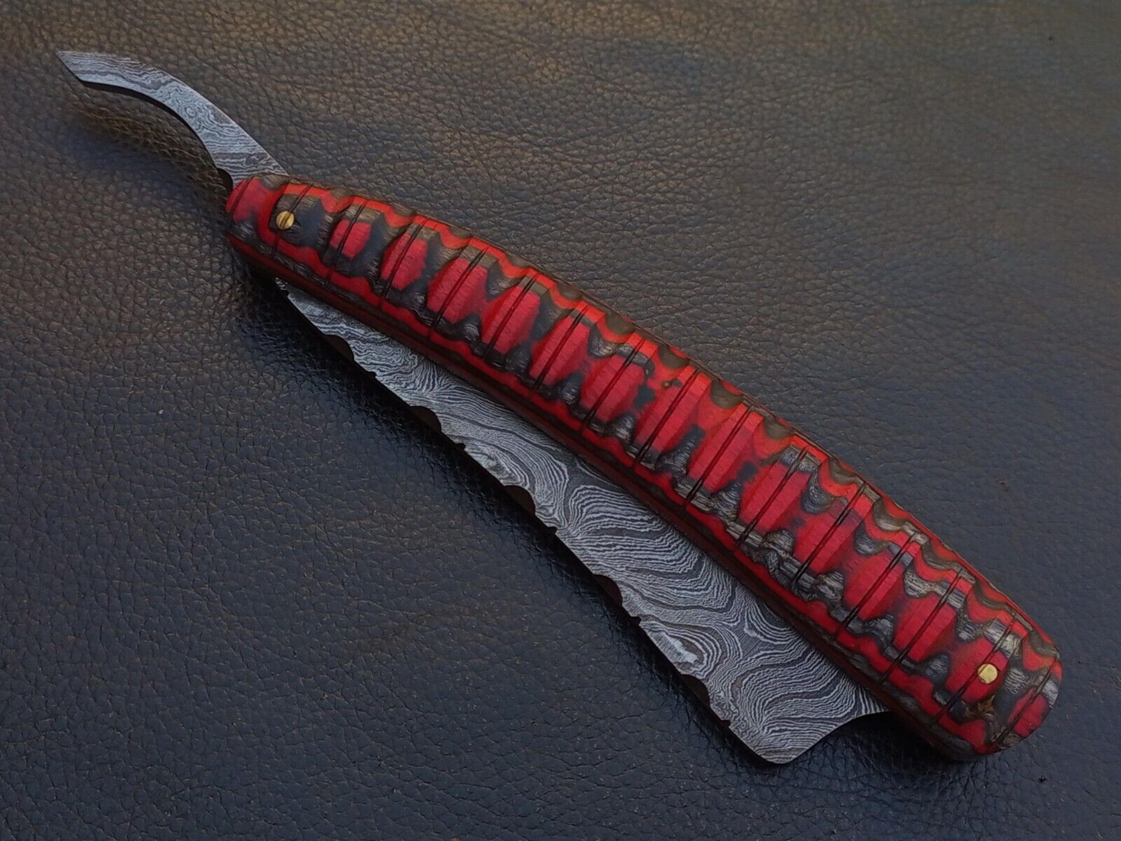 handmade 5.5" damascus steel razor knife densified wood handle with leather sheath