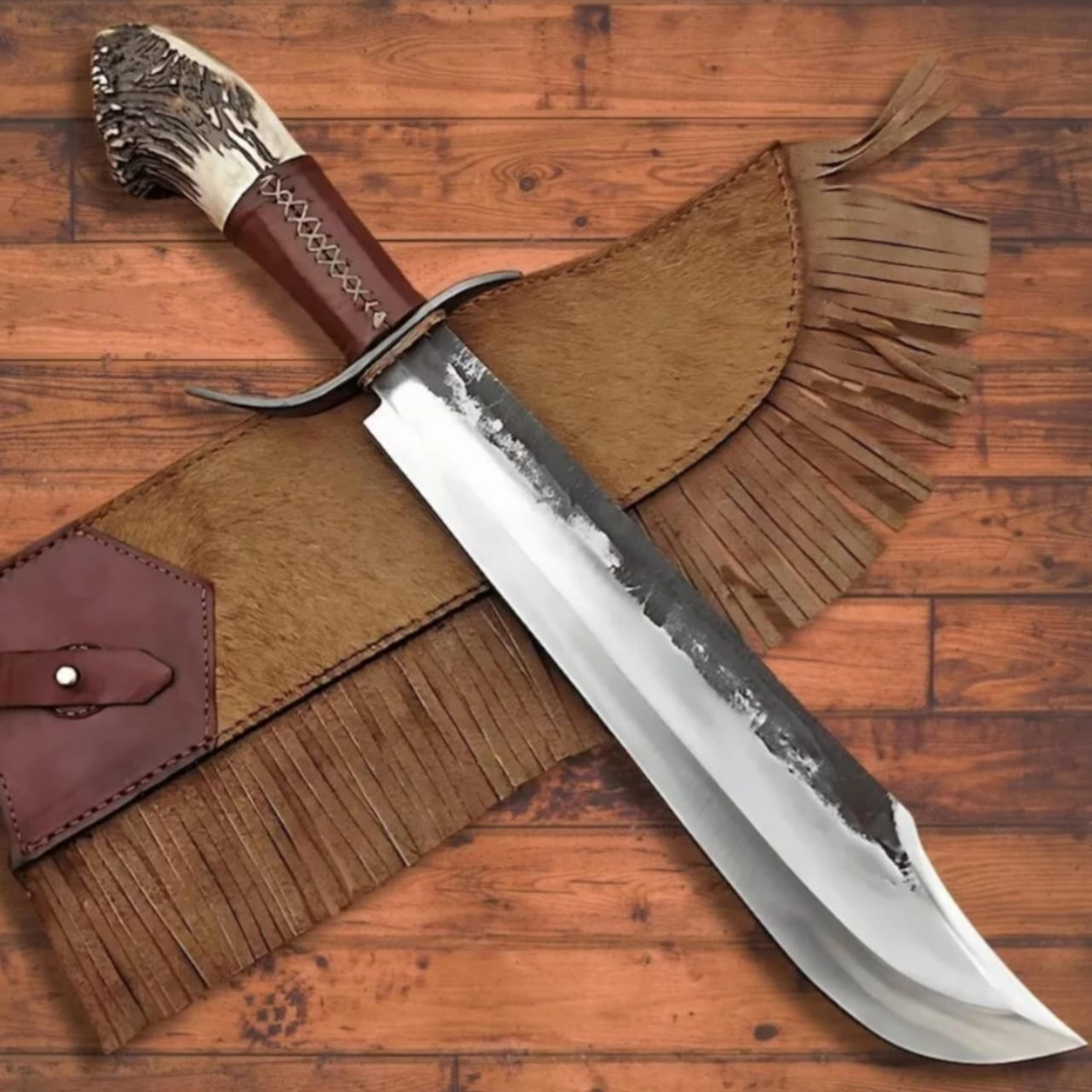 bowie knife best quality hand forged knife 1060 steel stag horn hunting knife