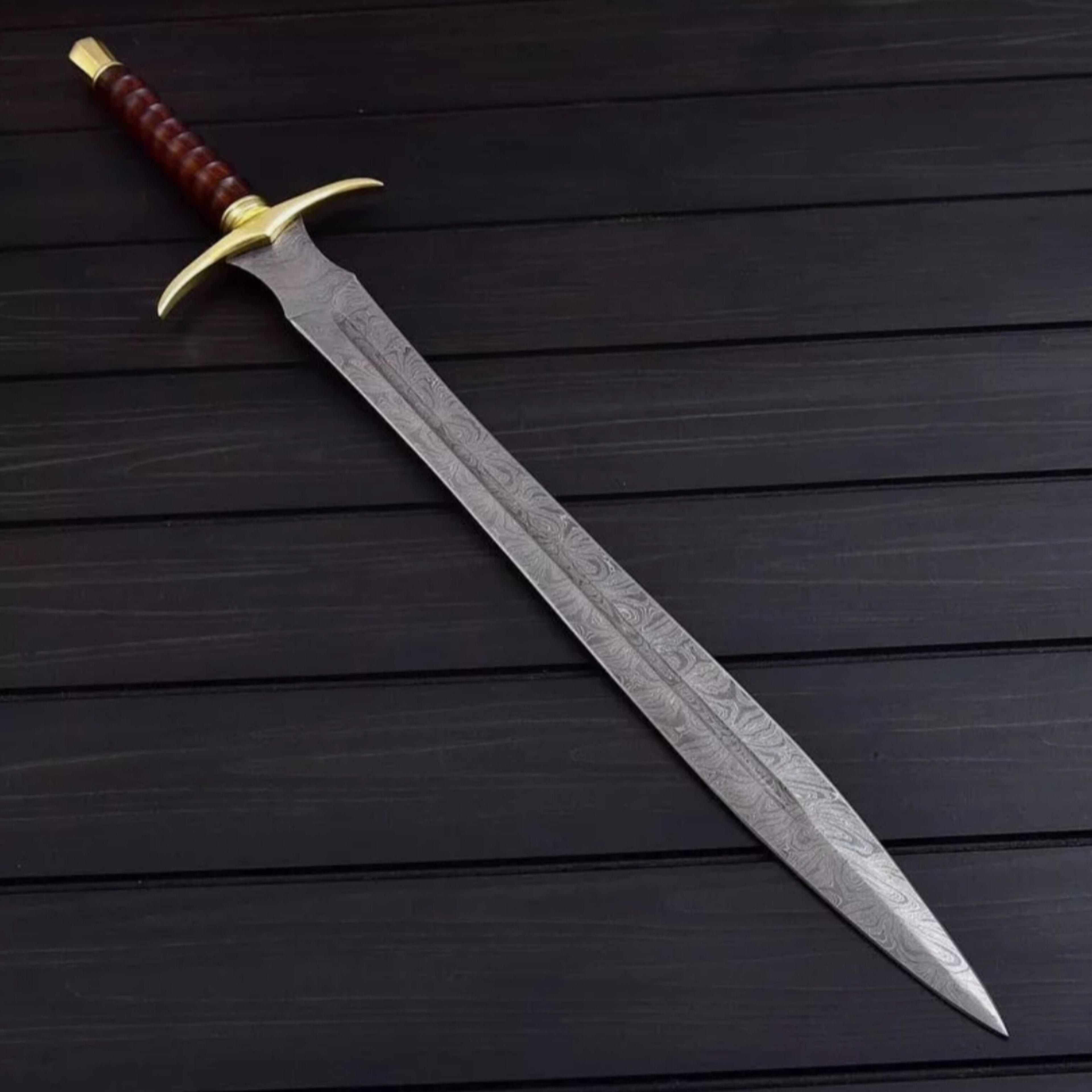 custom handmade damascus steel sword with leather sheath