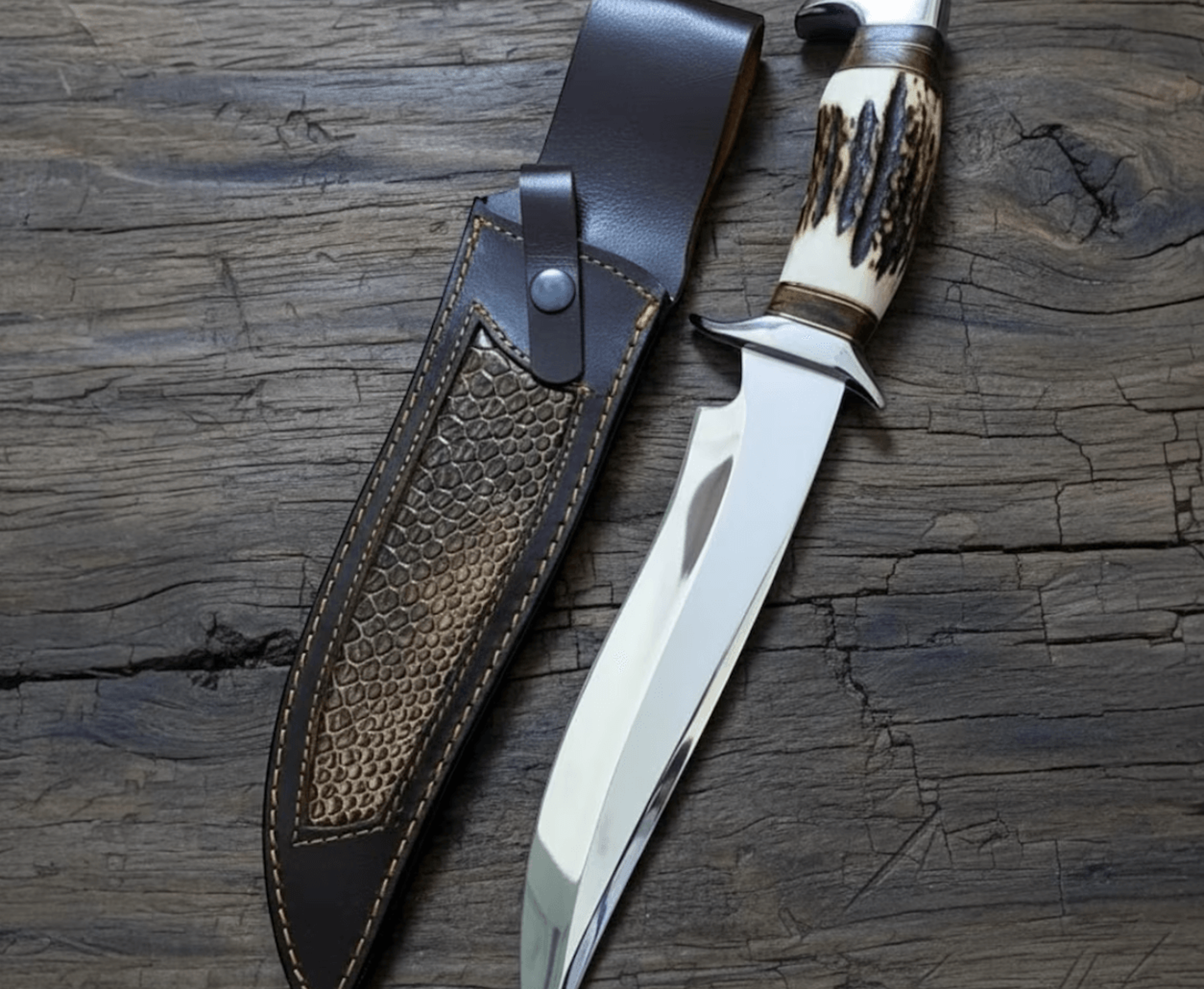 handcrafted d2 steel bowie knife – 8 blade with deer horn handle & leather sheath for hunting & bushcraft