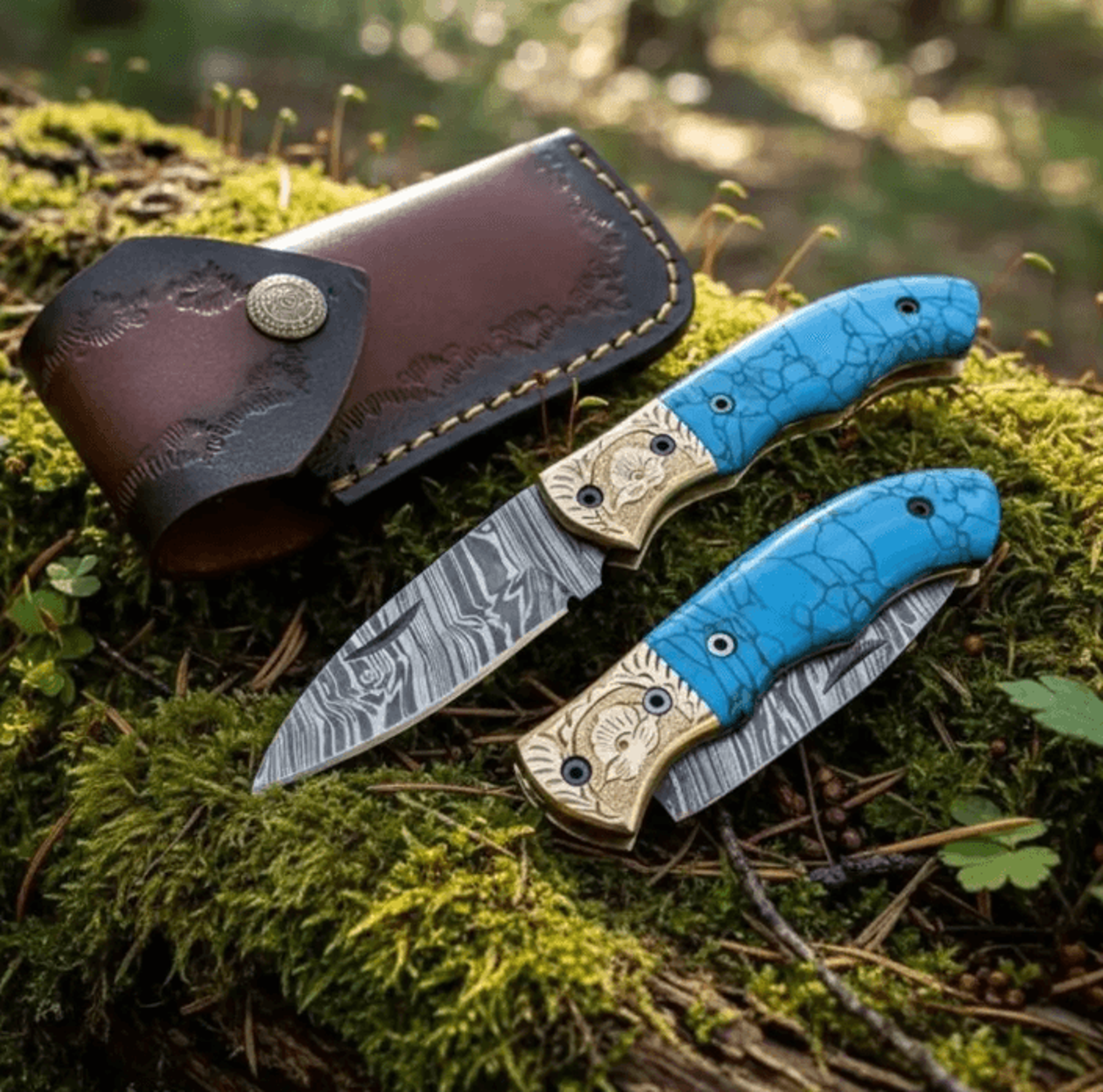 custom damascus folding knife set | blue turquoise handle | brass engraved bolster + leather sheath