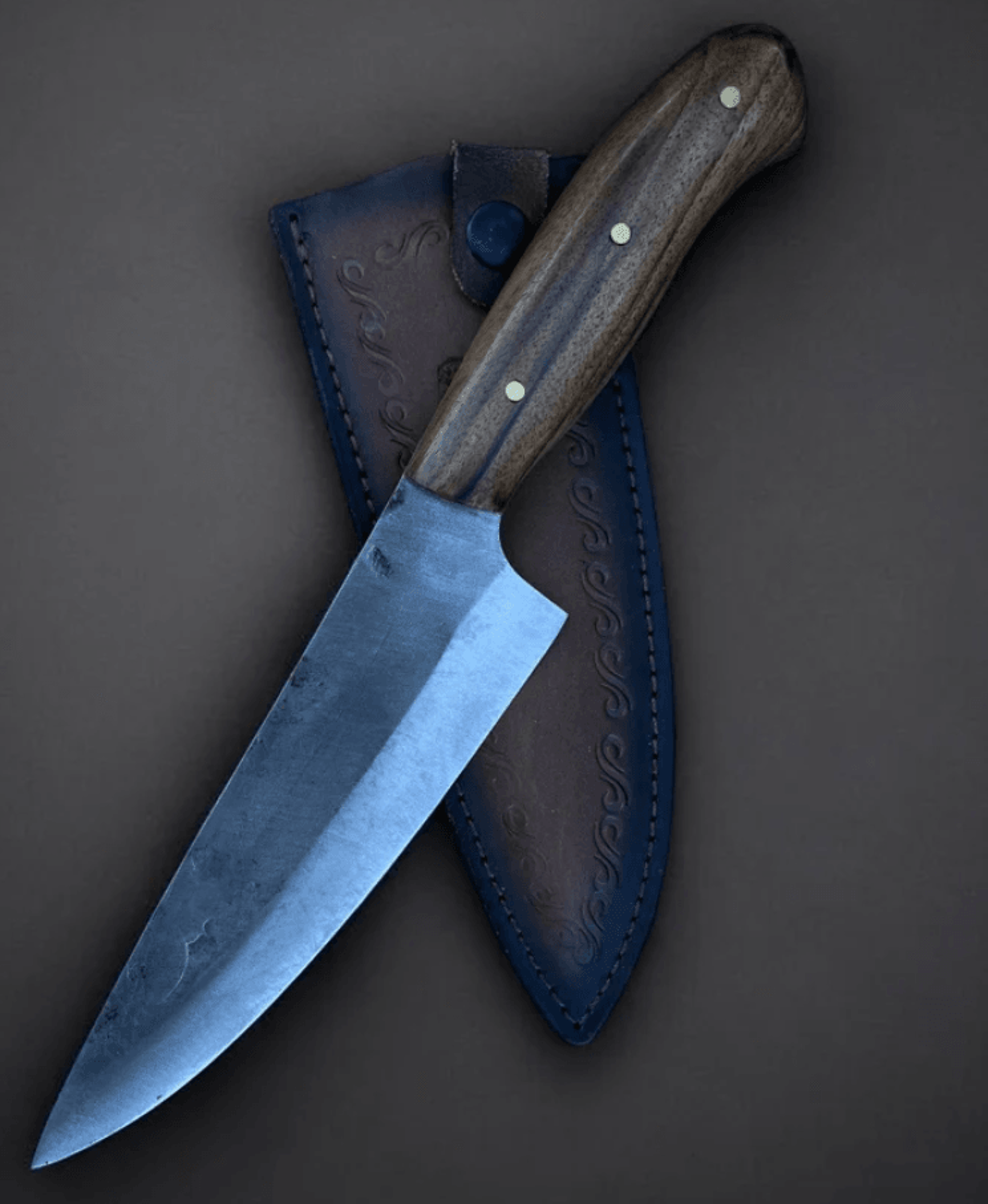 hand-forged stainless steel chef knife | walnut handle | professional kitchen cutlery + leather sheath