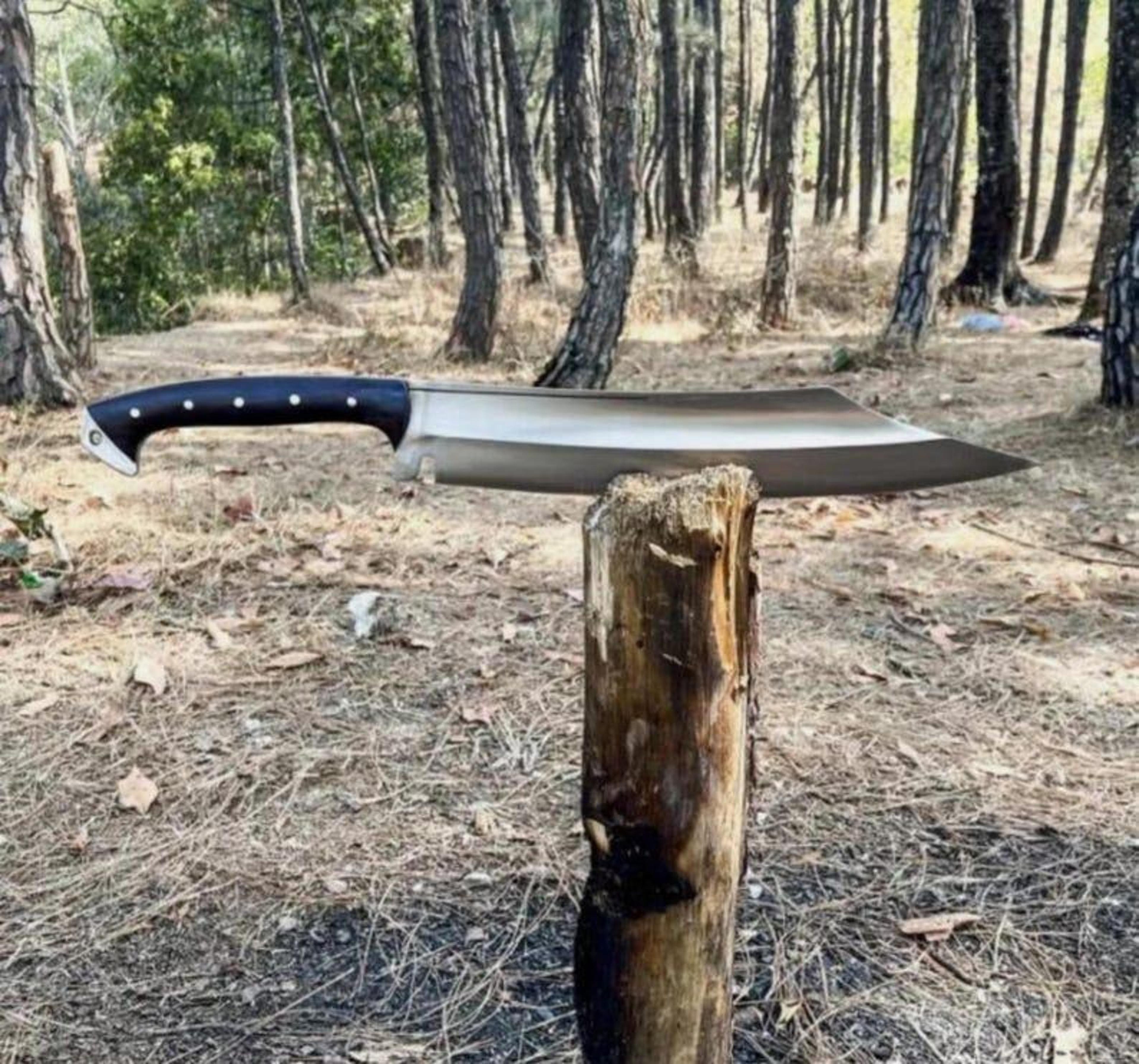 handcrafted high carbon steel kukri machete with hardwood handle & leather sheath – bushcraft survival blade