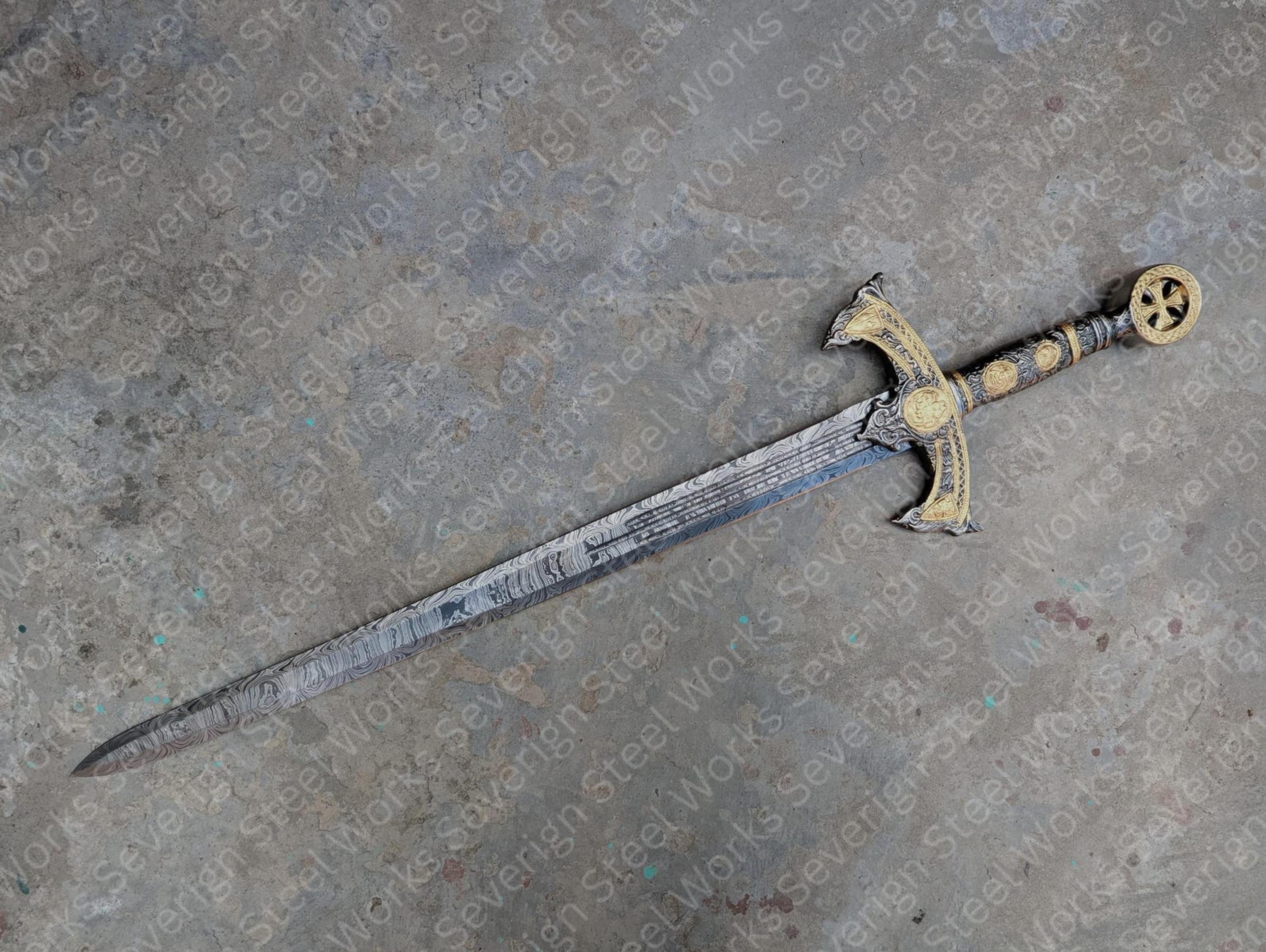 handmade templar damascus sword – ornate crusader knight replica with leather sheath
