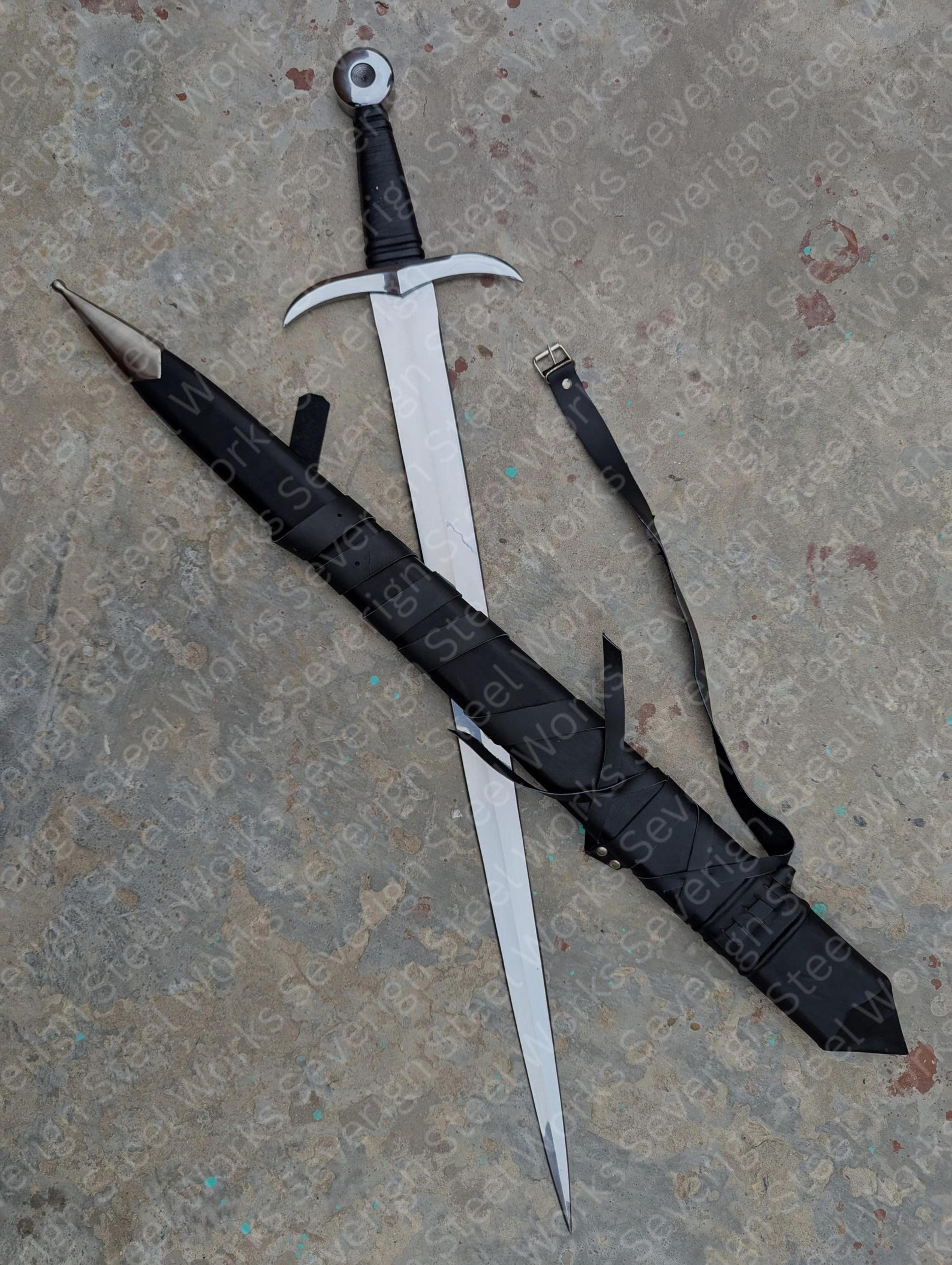 handmade medieval longsword replica – high carbon steel knight sword with black leather scabbard