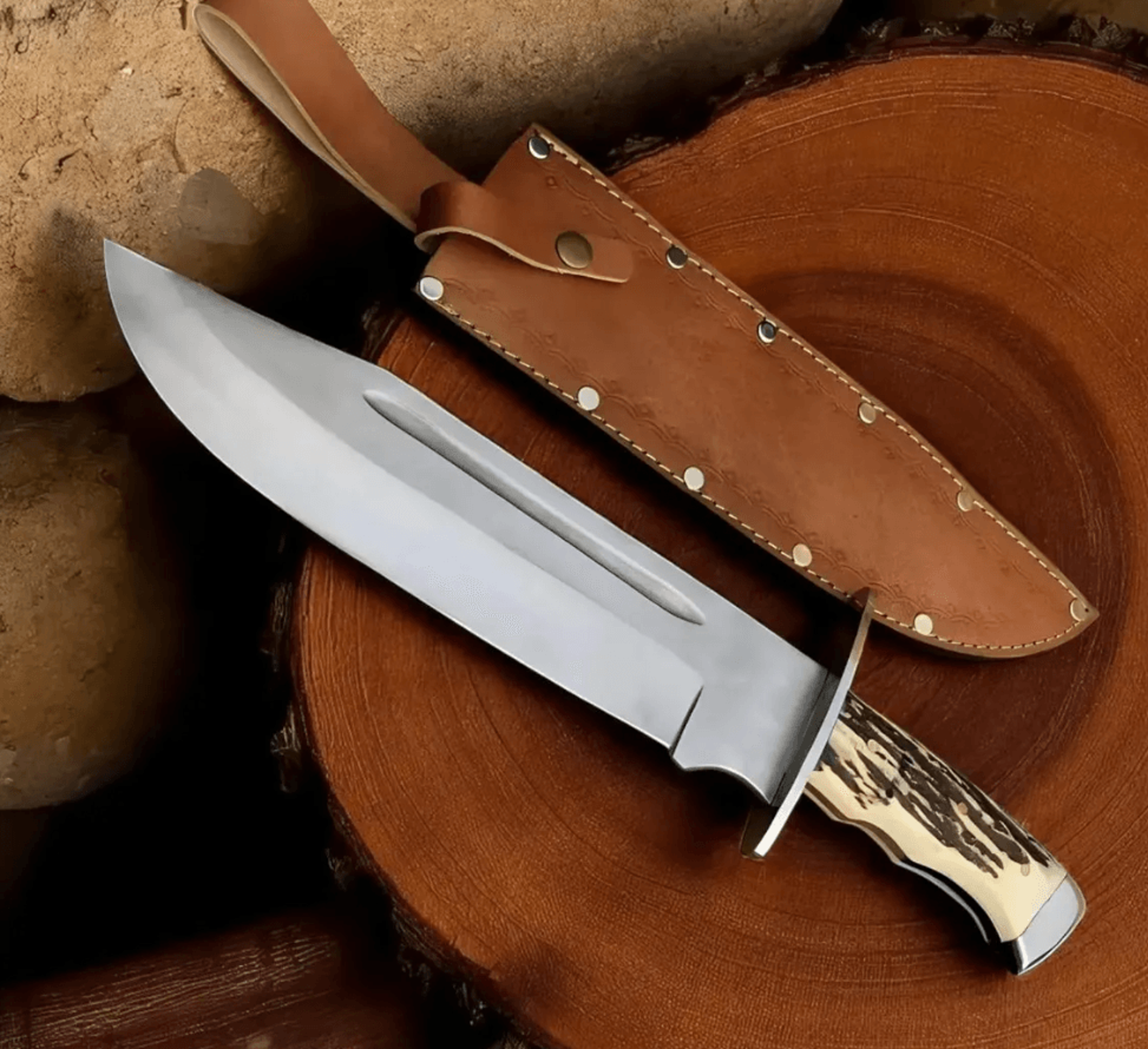premium d2 steel bowie knife | 15" collector blade with stag horn handle + leather sheath | handmade hunting knife