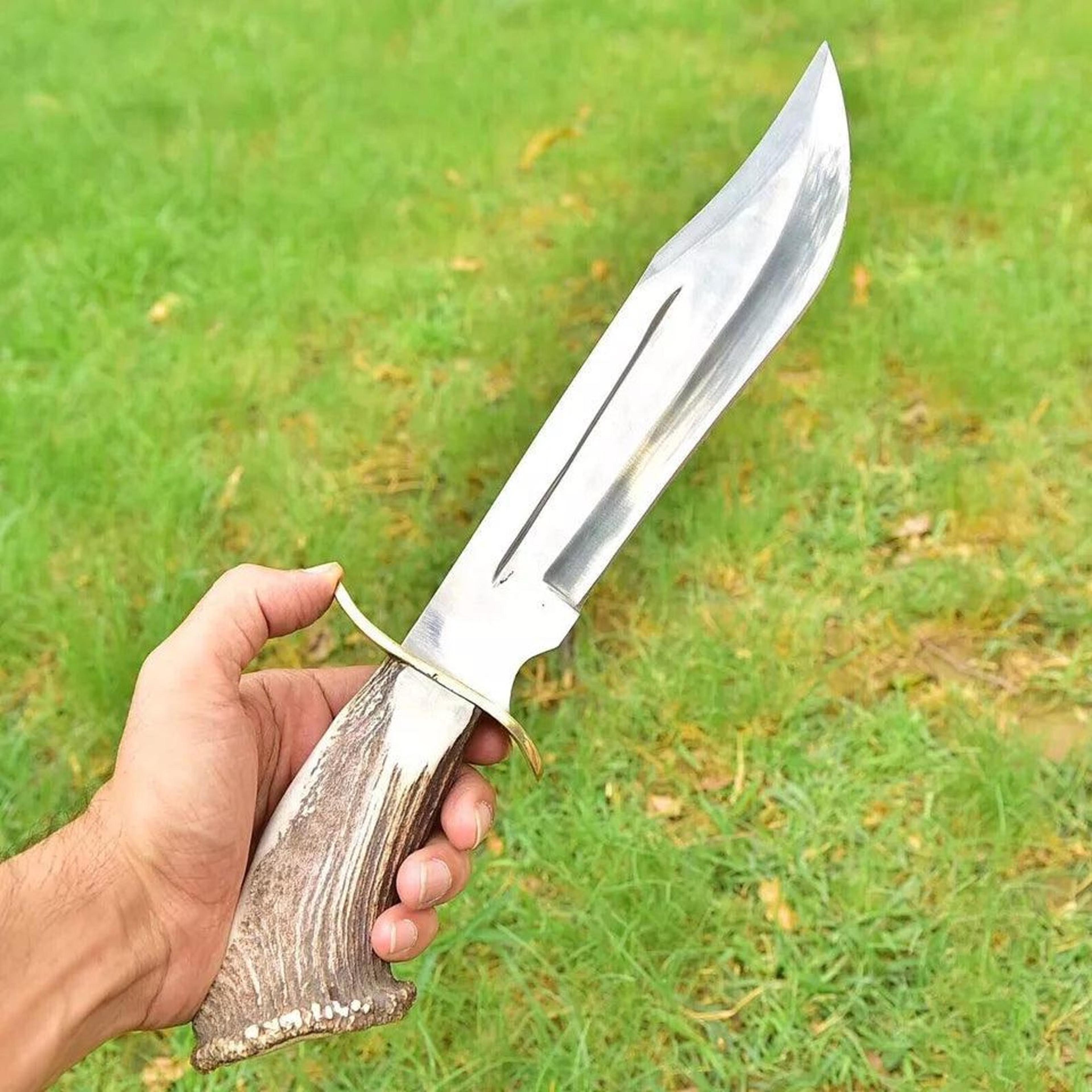 high-quality handcrafted d2 steel stag horn hunting bowie knife with leather sheath and ergonomic design