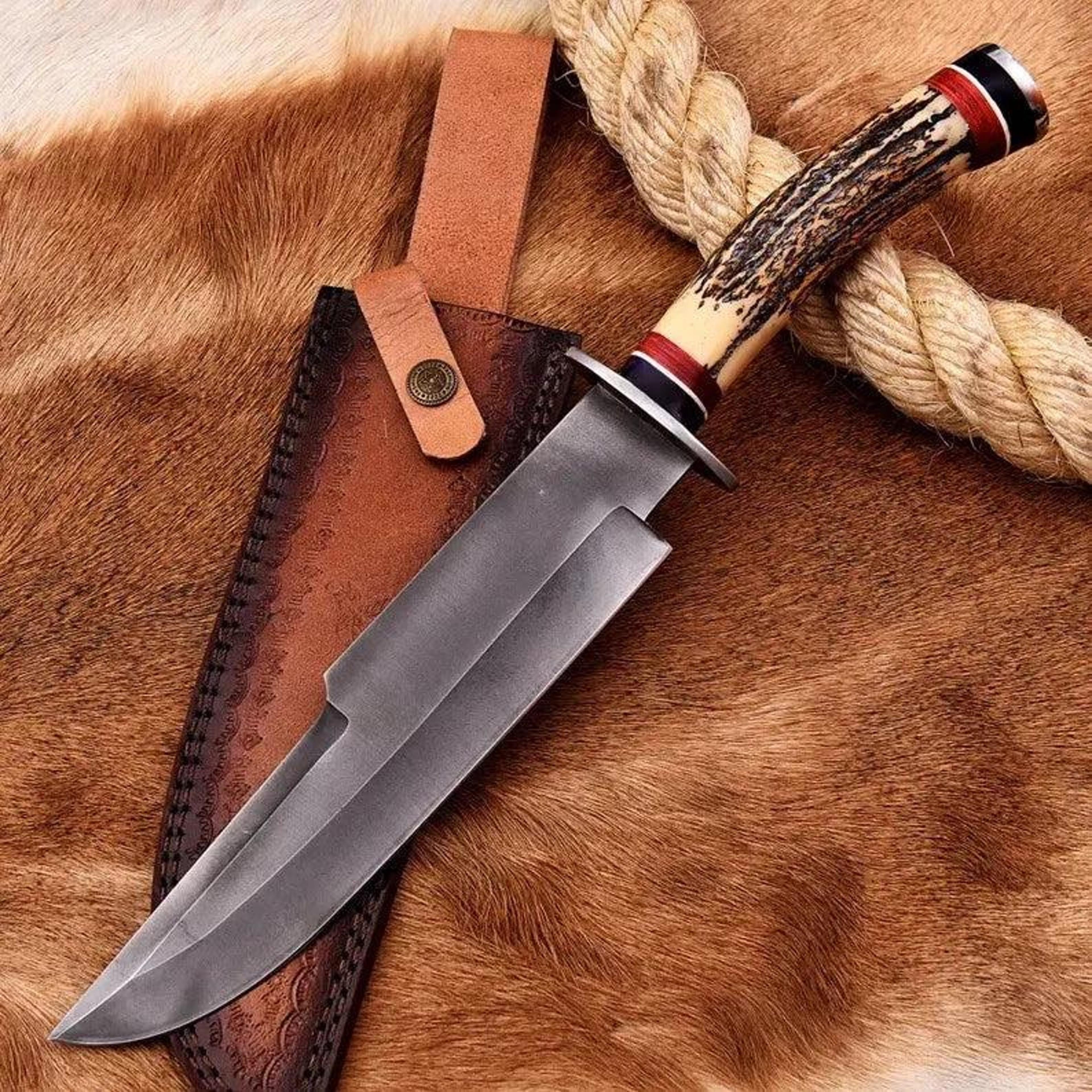 handmade 14 inch stag horn bowie knife with carbon steel blade and leather sheath for hunting and outdoor enthusiasts