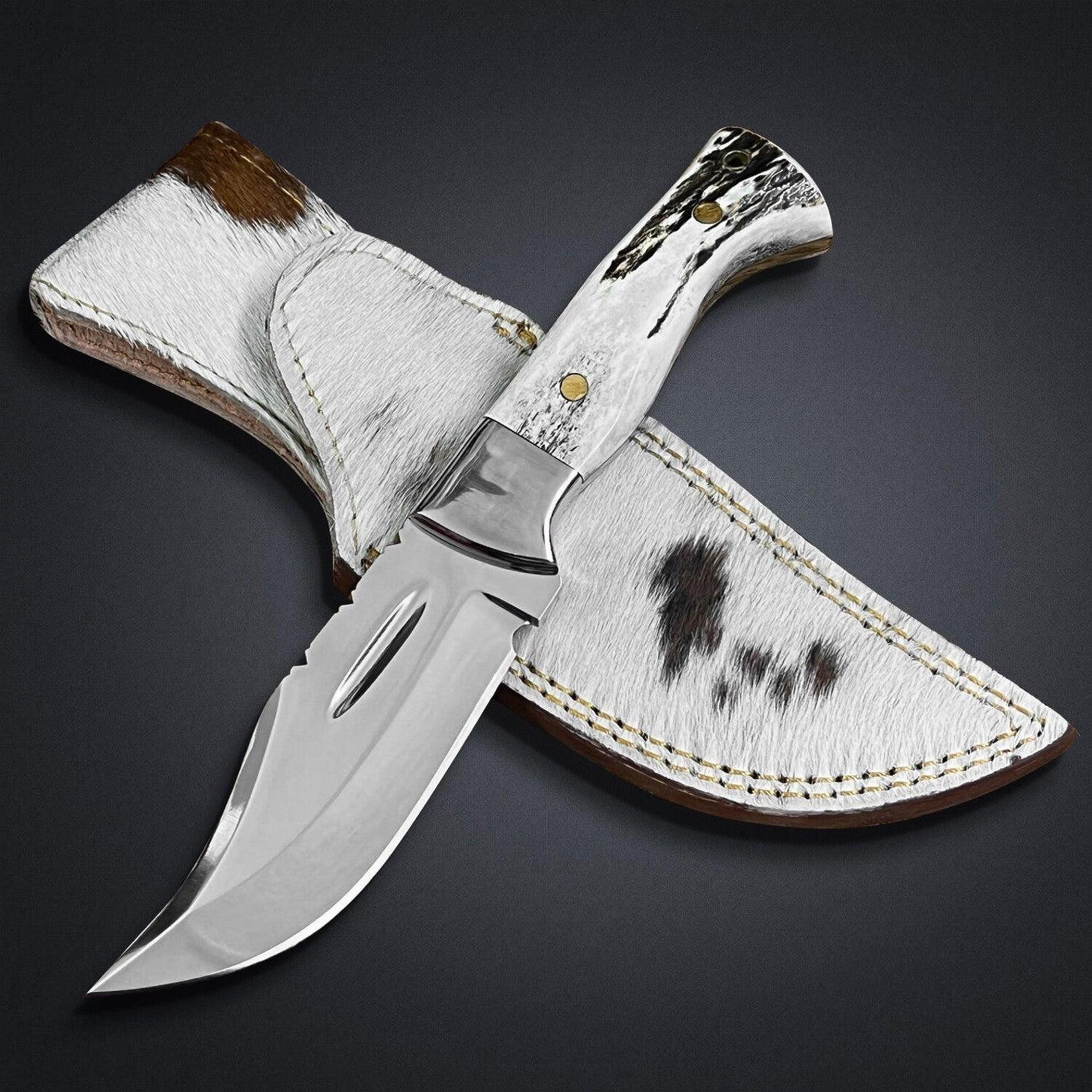 d2 steel fixed blade hunting knife with antler horn handle and leather sheath - perfect for outdoor enthusiasts and hunt