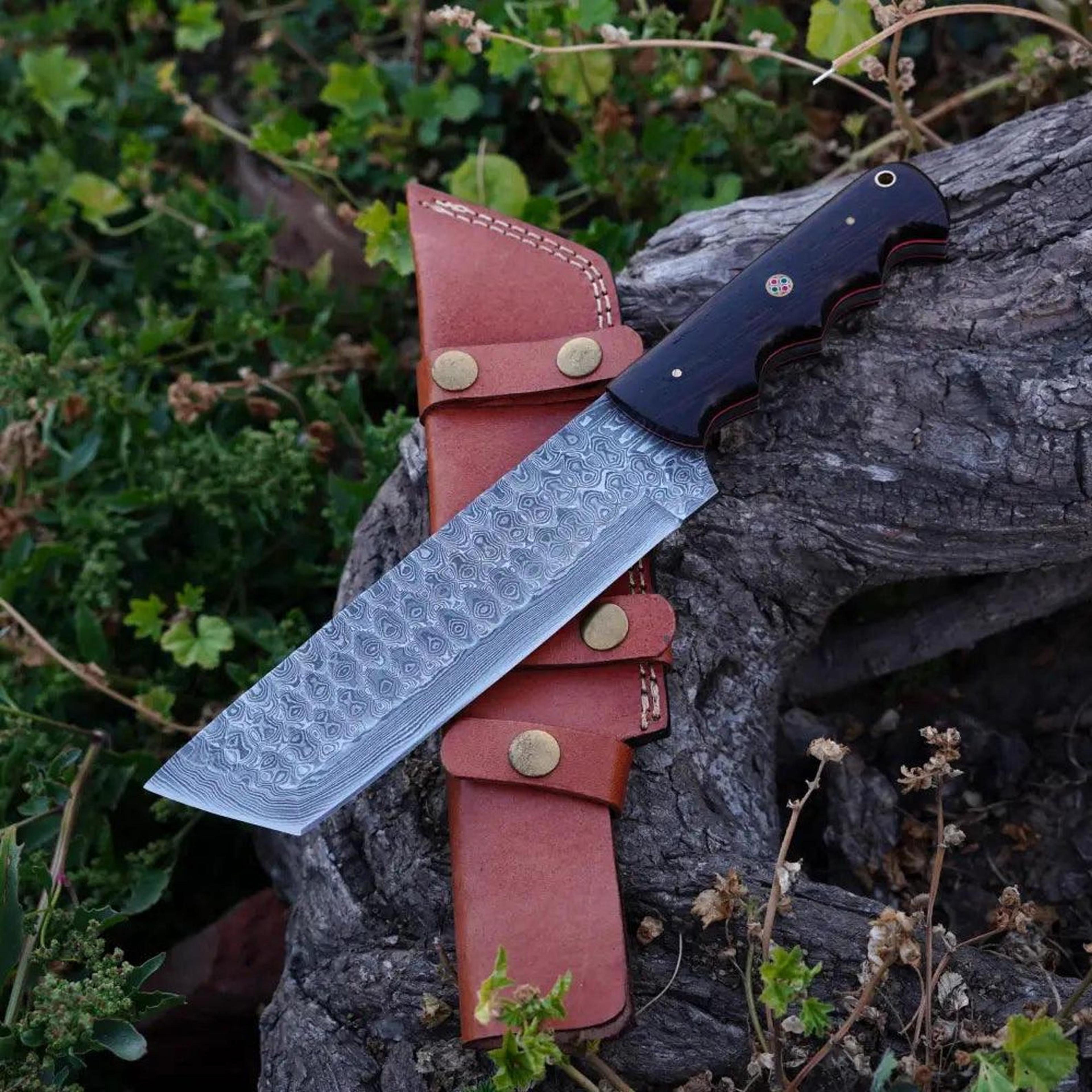 handcrafted damascus steel tanto blade knife with micarta handle and damascus steel bolster