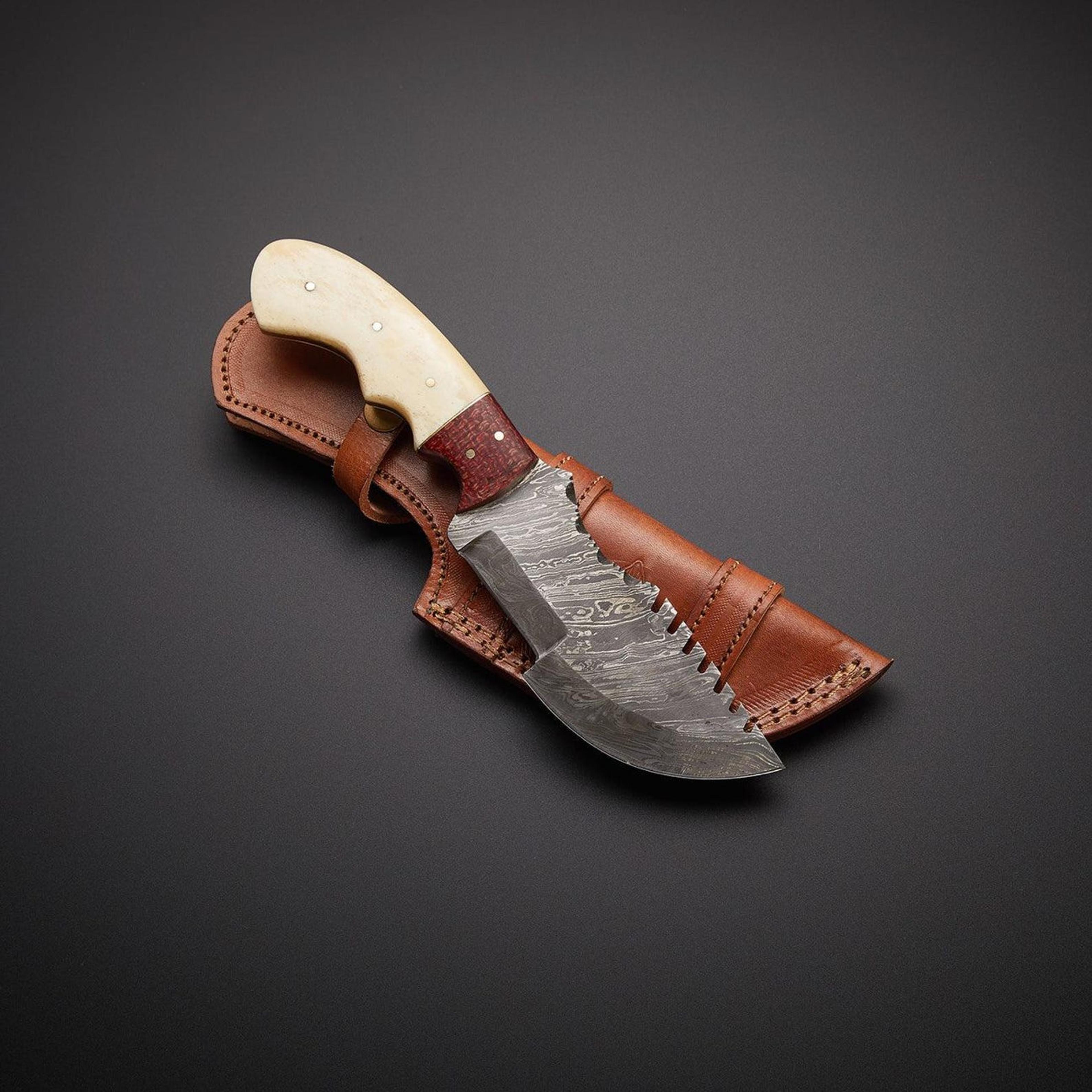 fixed blade tracker knife with damascus steel blade and brown leather sheath - edc folding knife for outdoor adventures