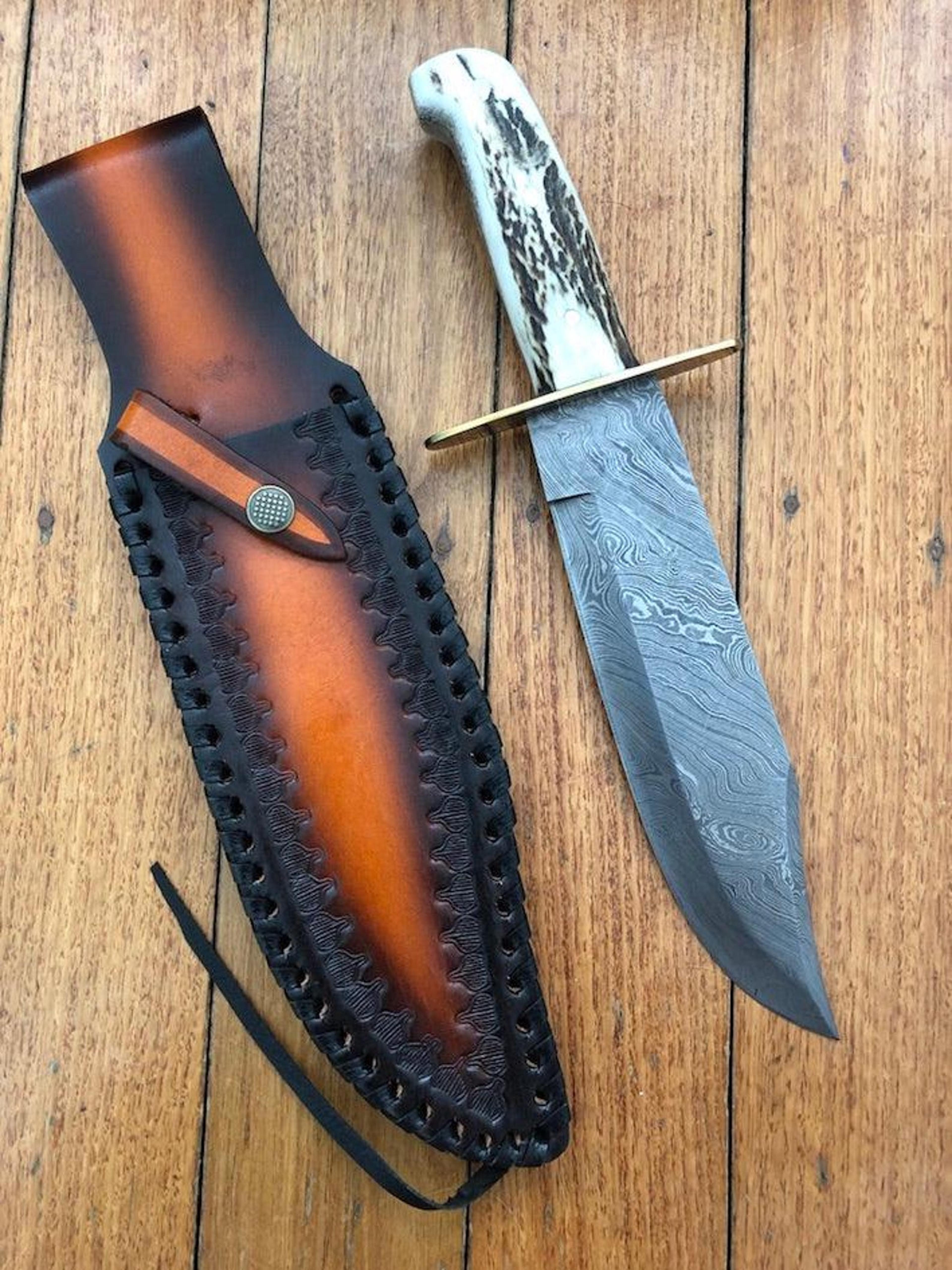 high-quality custom made tracker knife with damascus steel blade and wooden handle